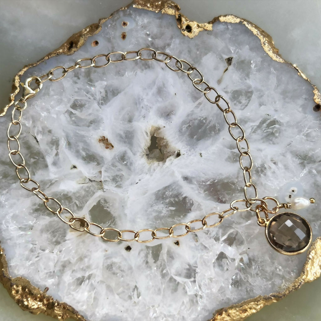 Handmade Gold Vermeil Smokey Quartz And Fresh Water Pearl Cable Chain Bracelet