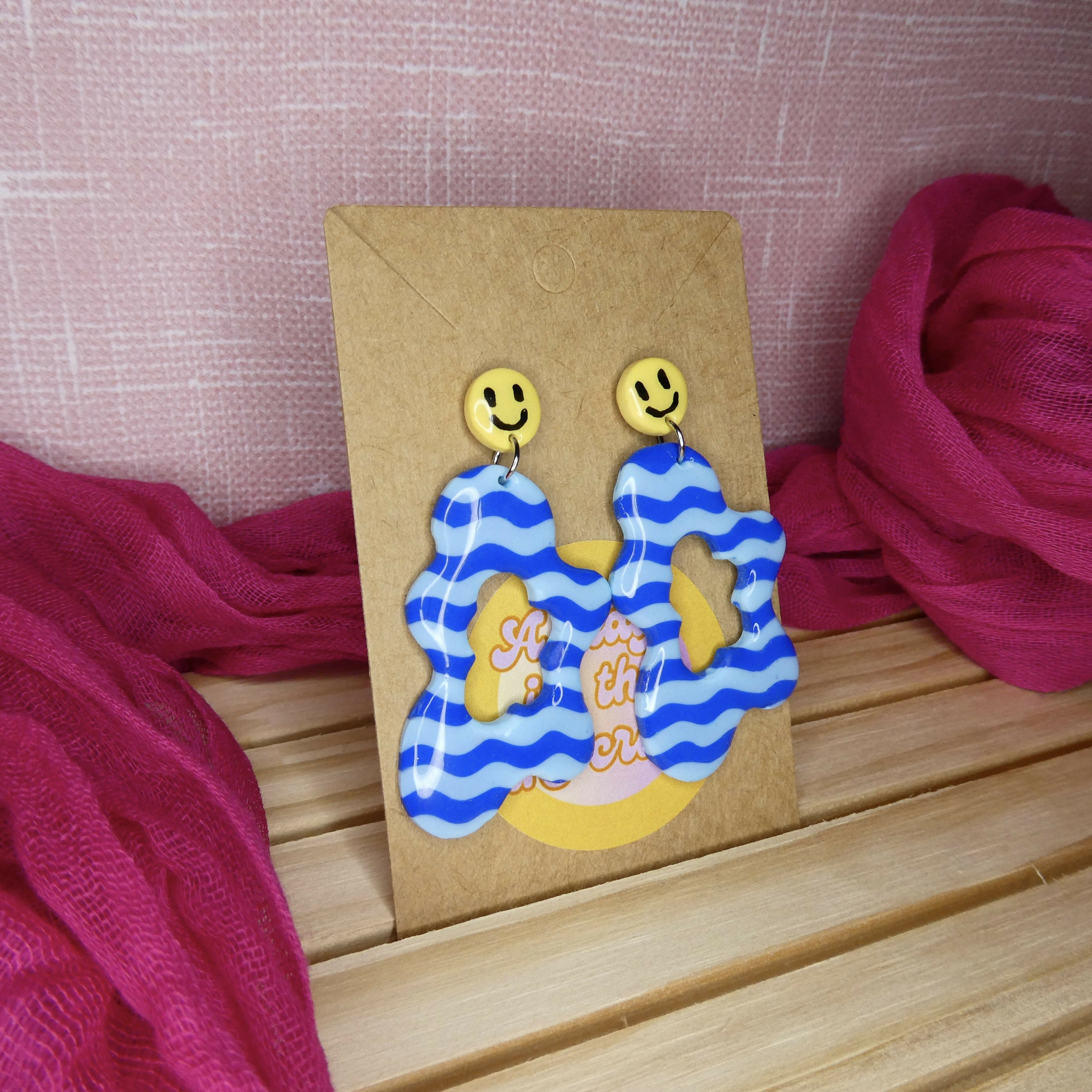 Wavy Blue Squiggly Polymer Clay Earrings With Smiley