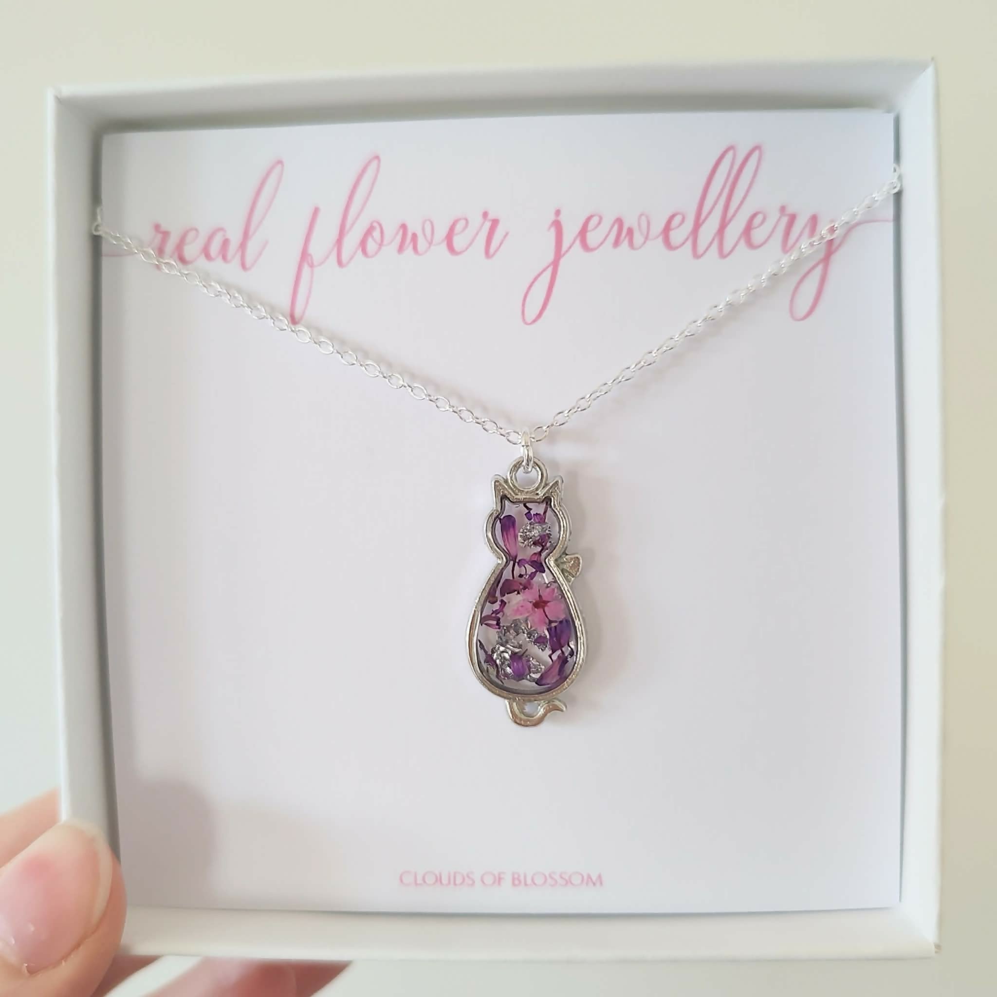 Real Flower Cat Purple Petal Necklace Silver Plated