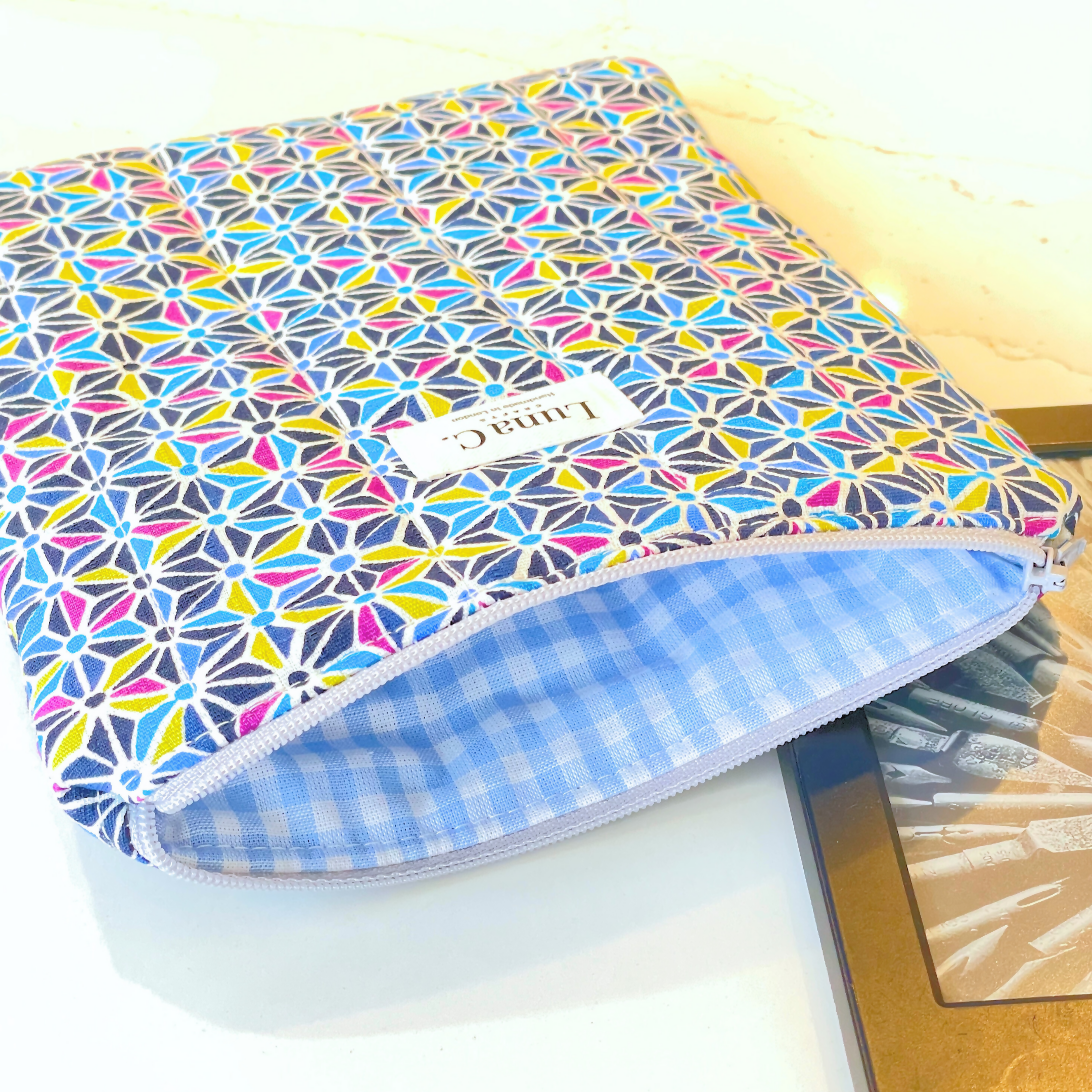 Blue Asanoha Light Blue Gingham Lining Zipped Book or Kindle Sleeve