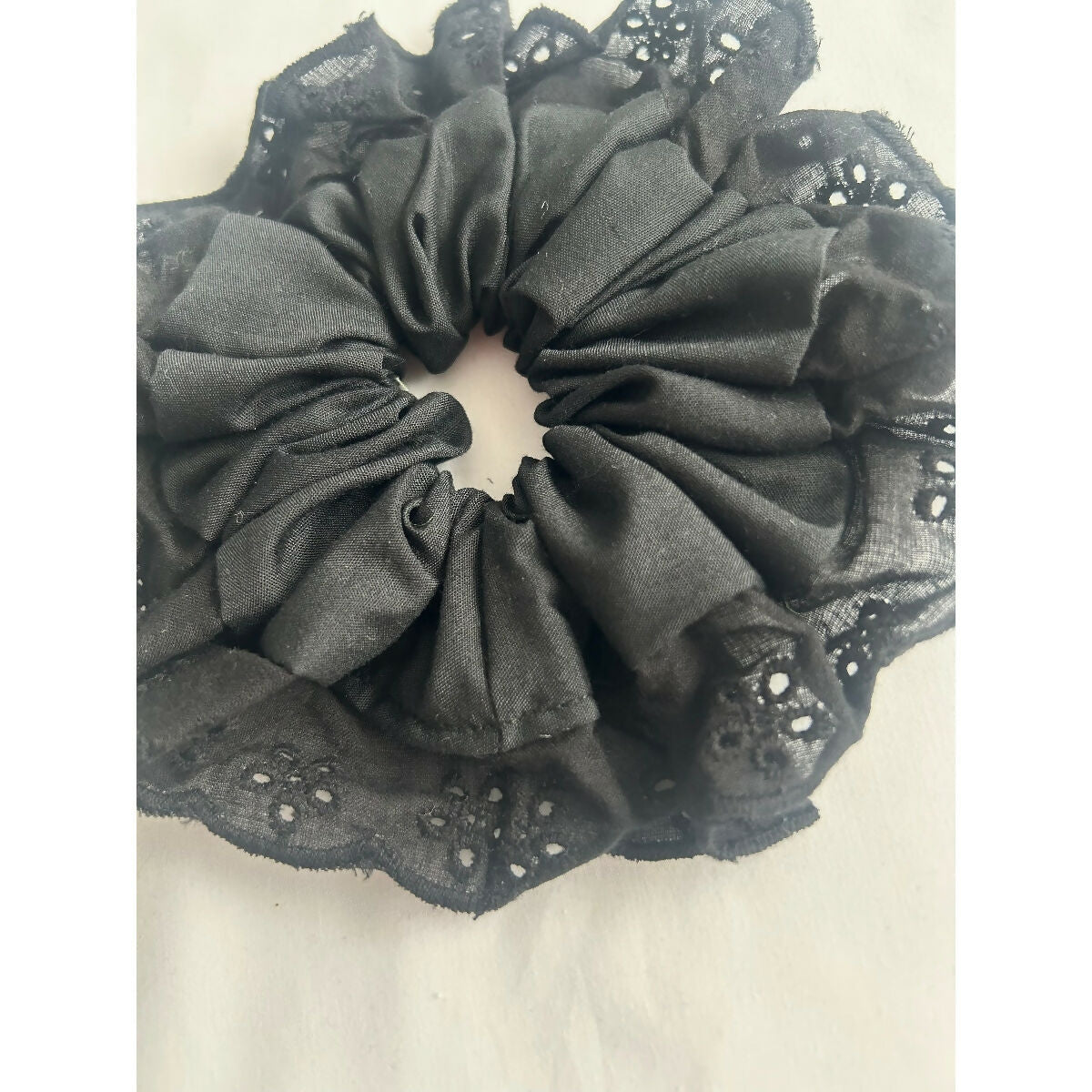 Black Oversized Ruffle Broderie Lace Hair Scrunchie