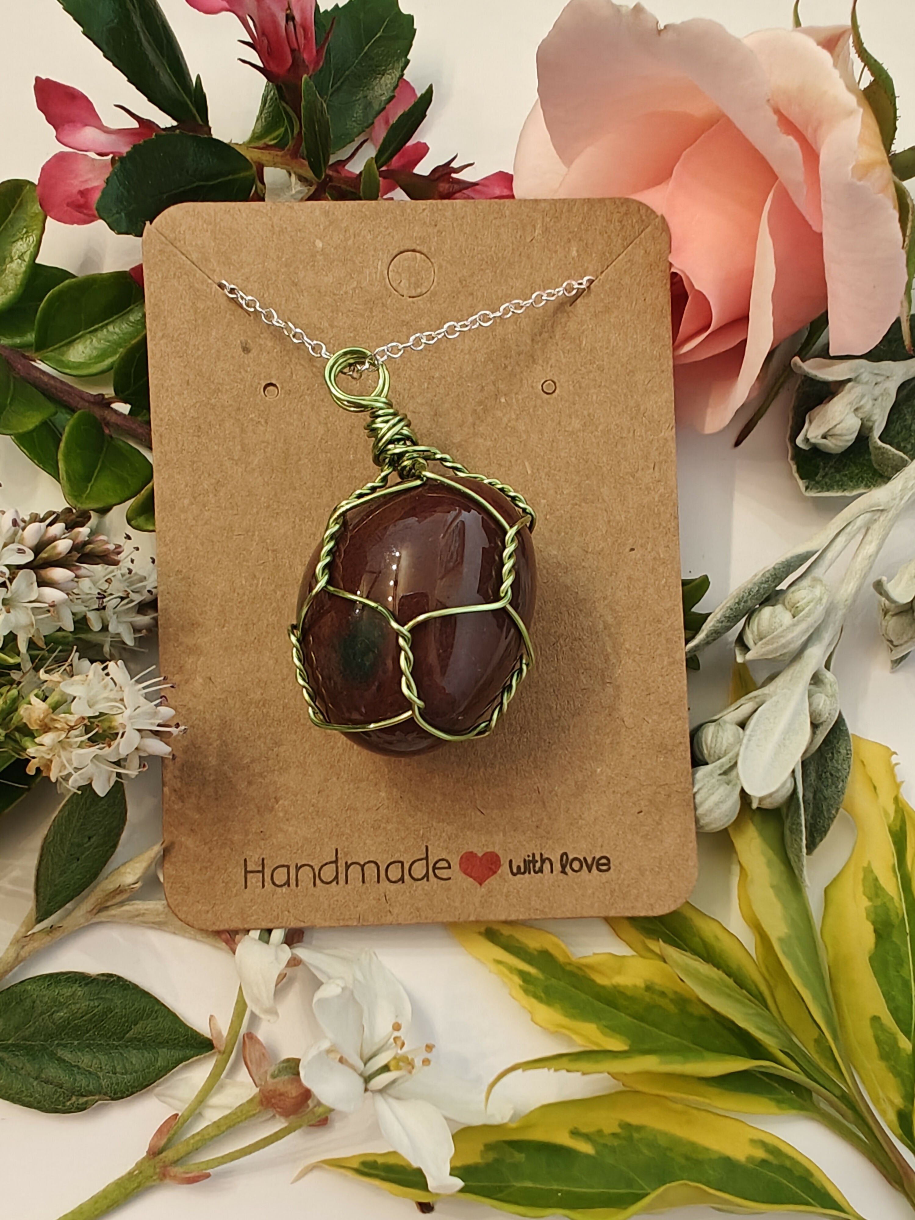 Bloodstone Wire Wrapped Crystal Necklace on Sterling Silver Chain