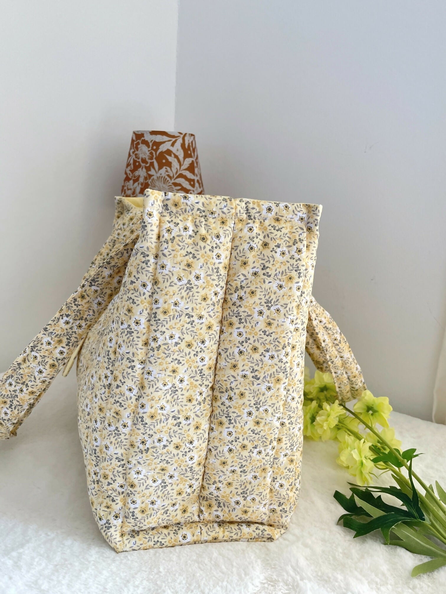 Quilted Tote Bag Yellow Ditsy with ribbon Closure Handmade
