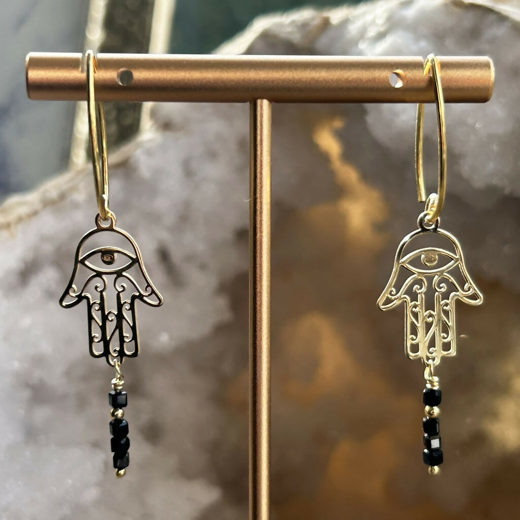 Handmade Gold Vermeil Black Spinel Hamsa Hand Earrings