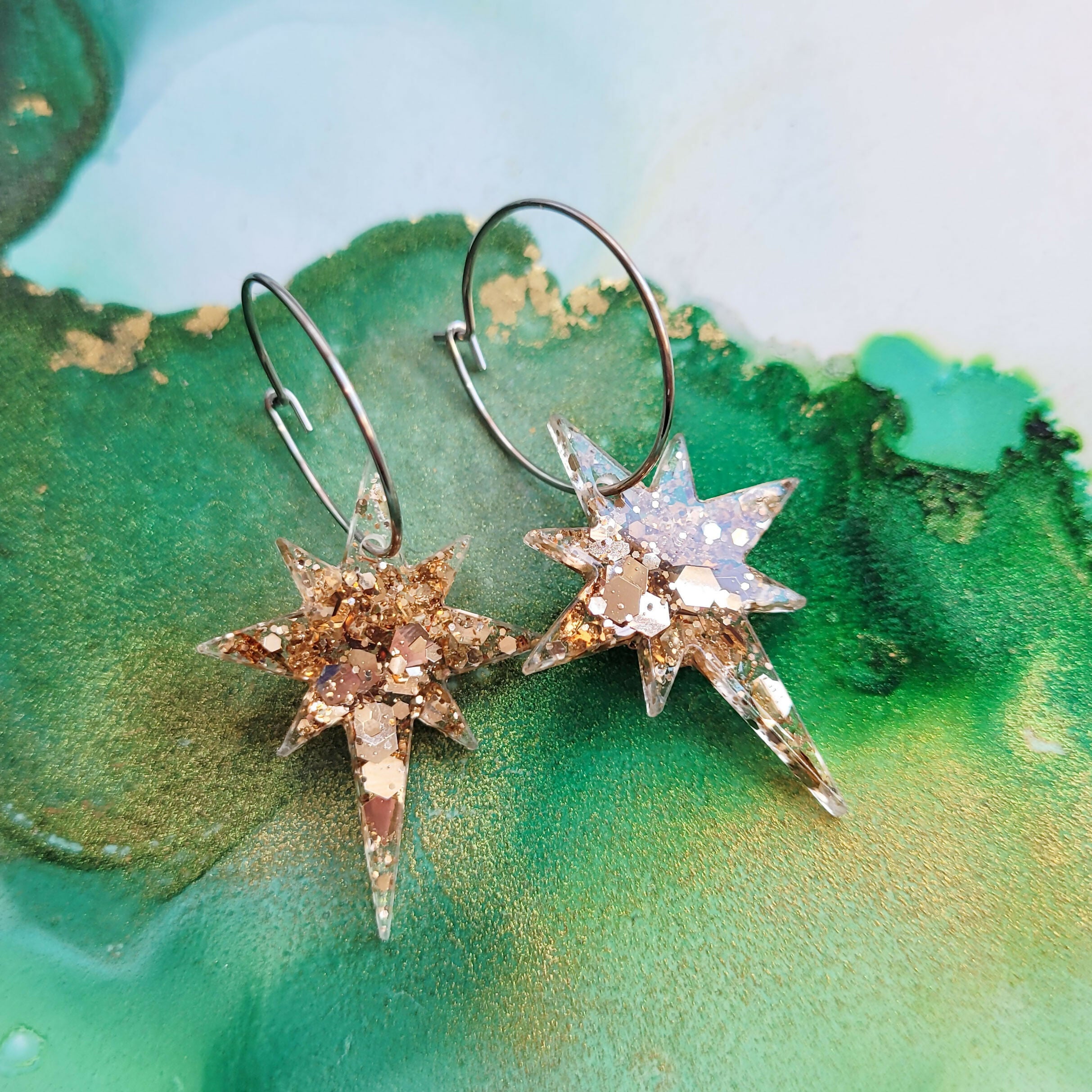 Handmade Light Gold Glitter North Star Resin Christmas Hoop Earrings