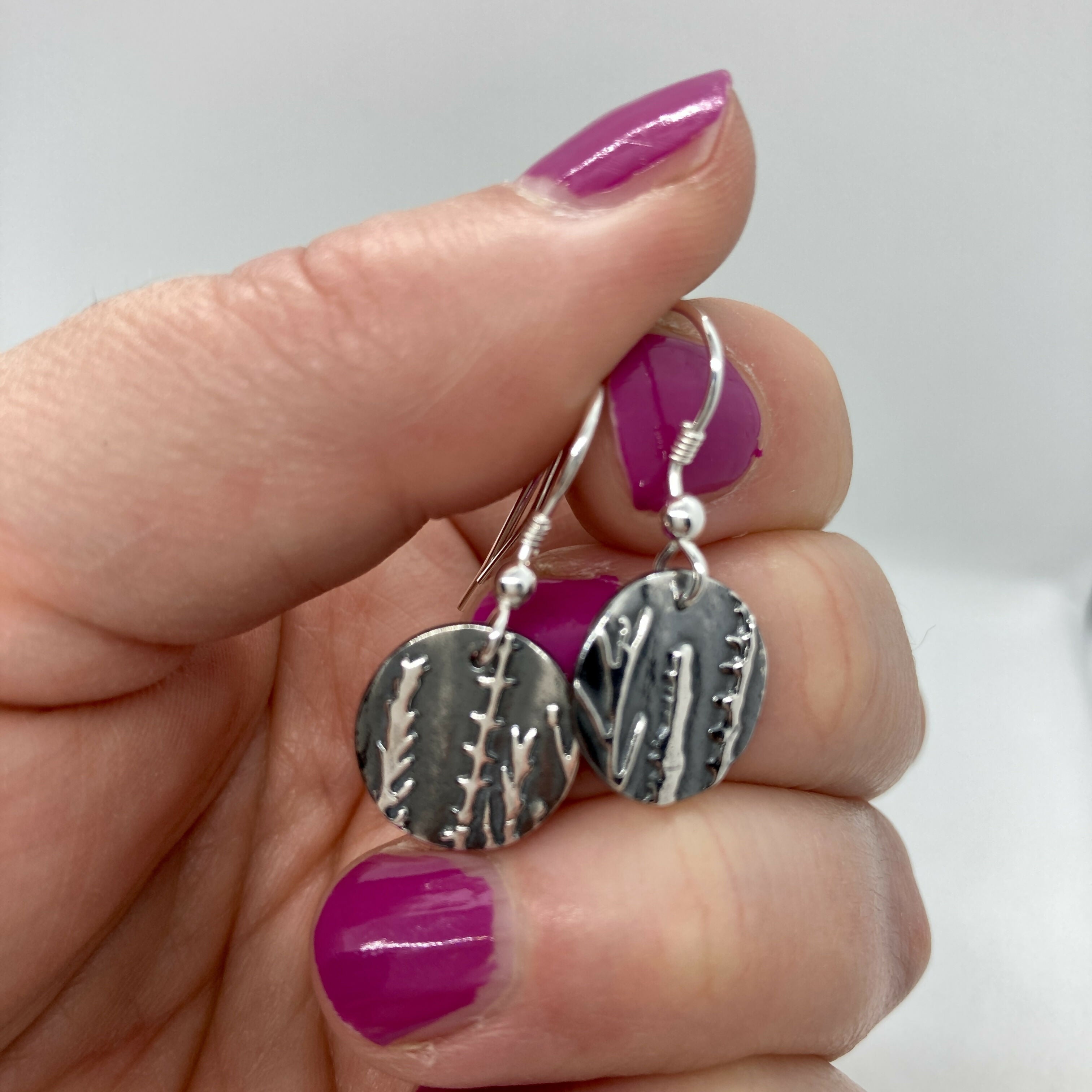 Handmade Silver Circle Earrings with Wild Flower and Grasses Design on Sterling Silver Hooks