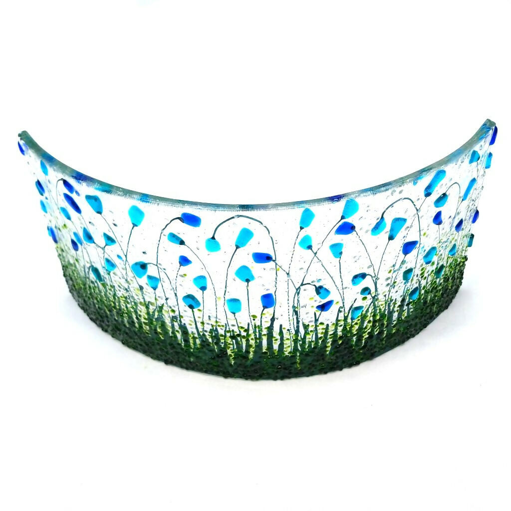 Large Freestanding Fused Glass Curve With Blue & Emerald Green Flowers