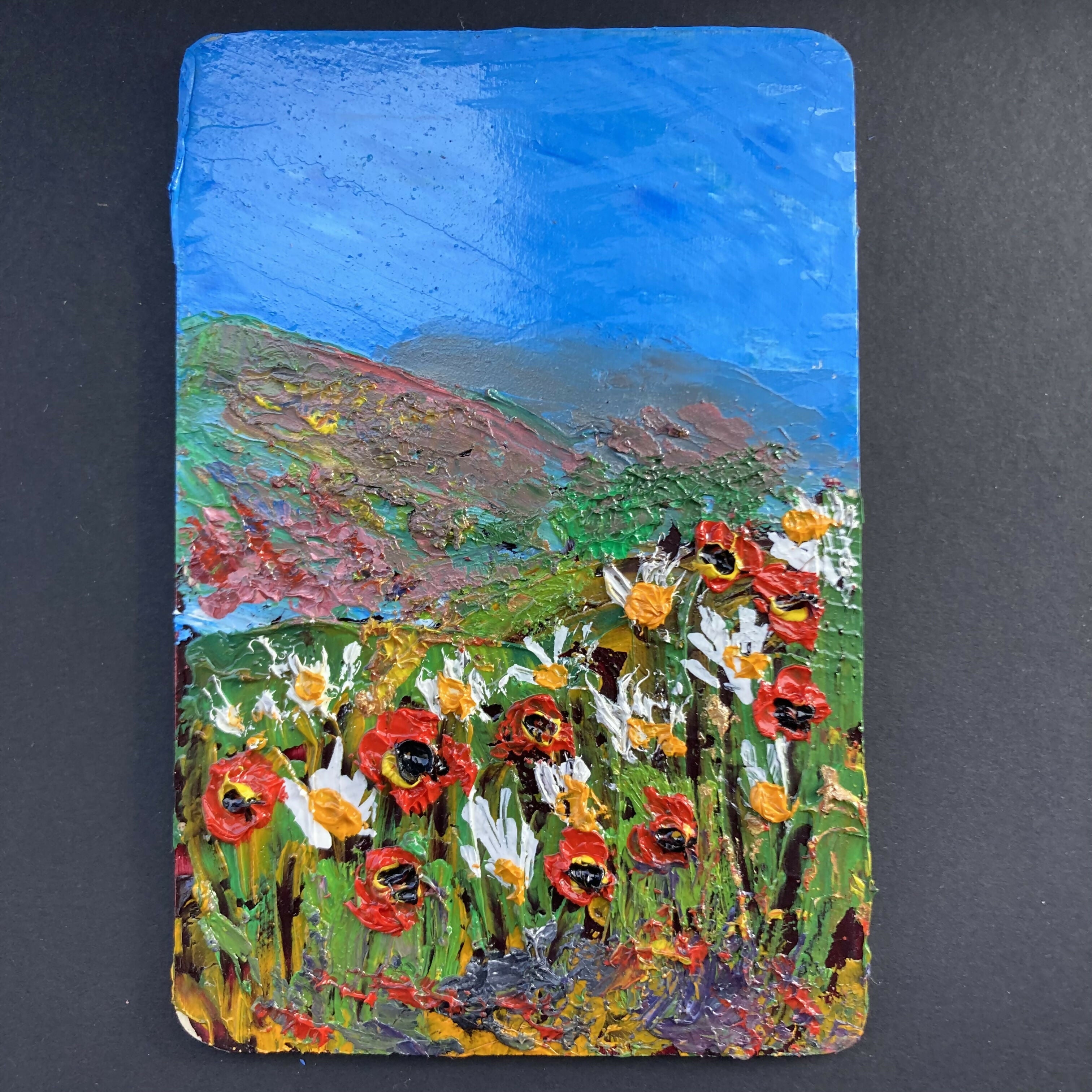 Poppies & Daisies - Black Framed Original Oil Painting Mini