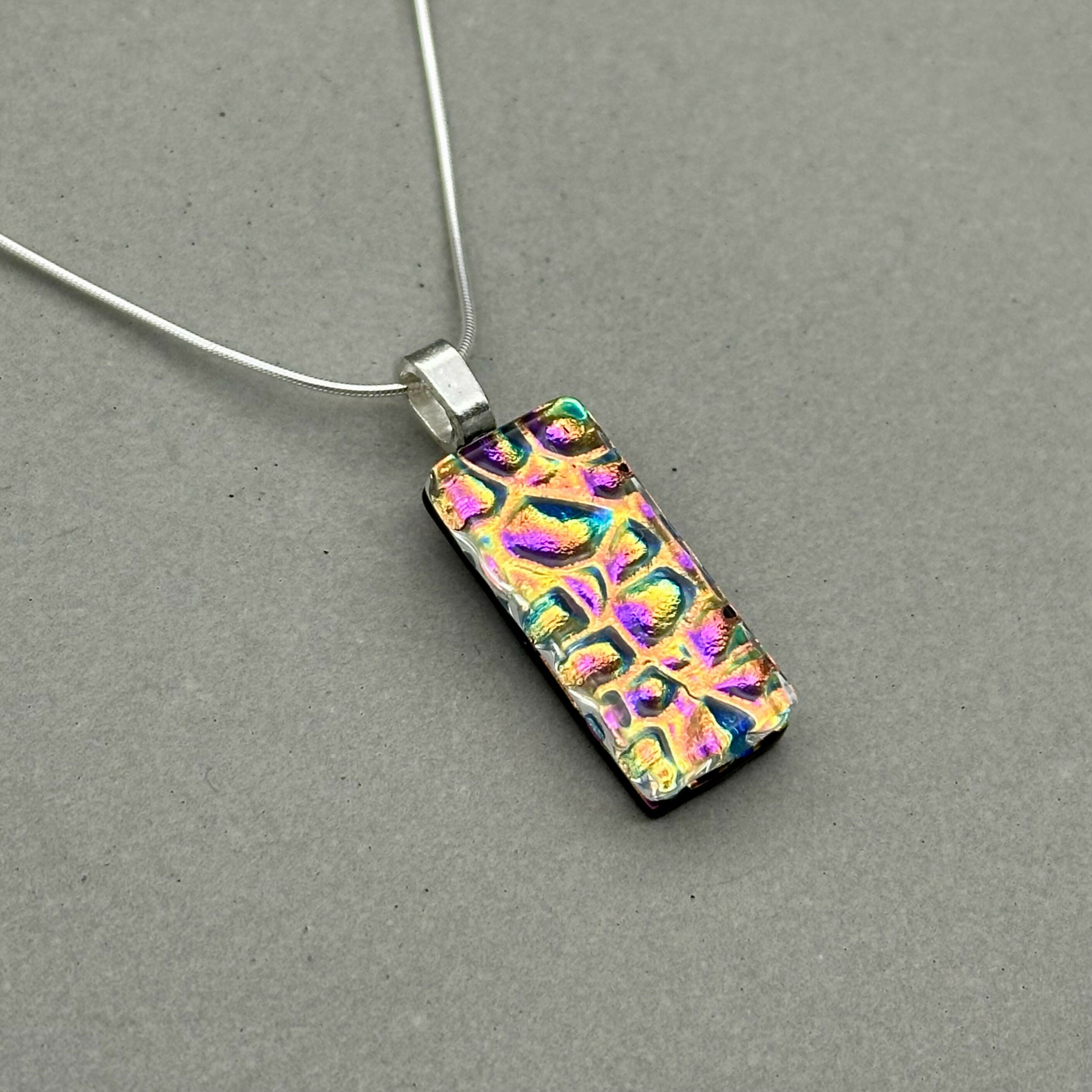 Pink & Orange Raindrop Dichroic Glass Necklace and Earrings Set - Sterling Silver, Handmade by Jade Tapson Glass