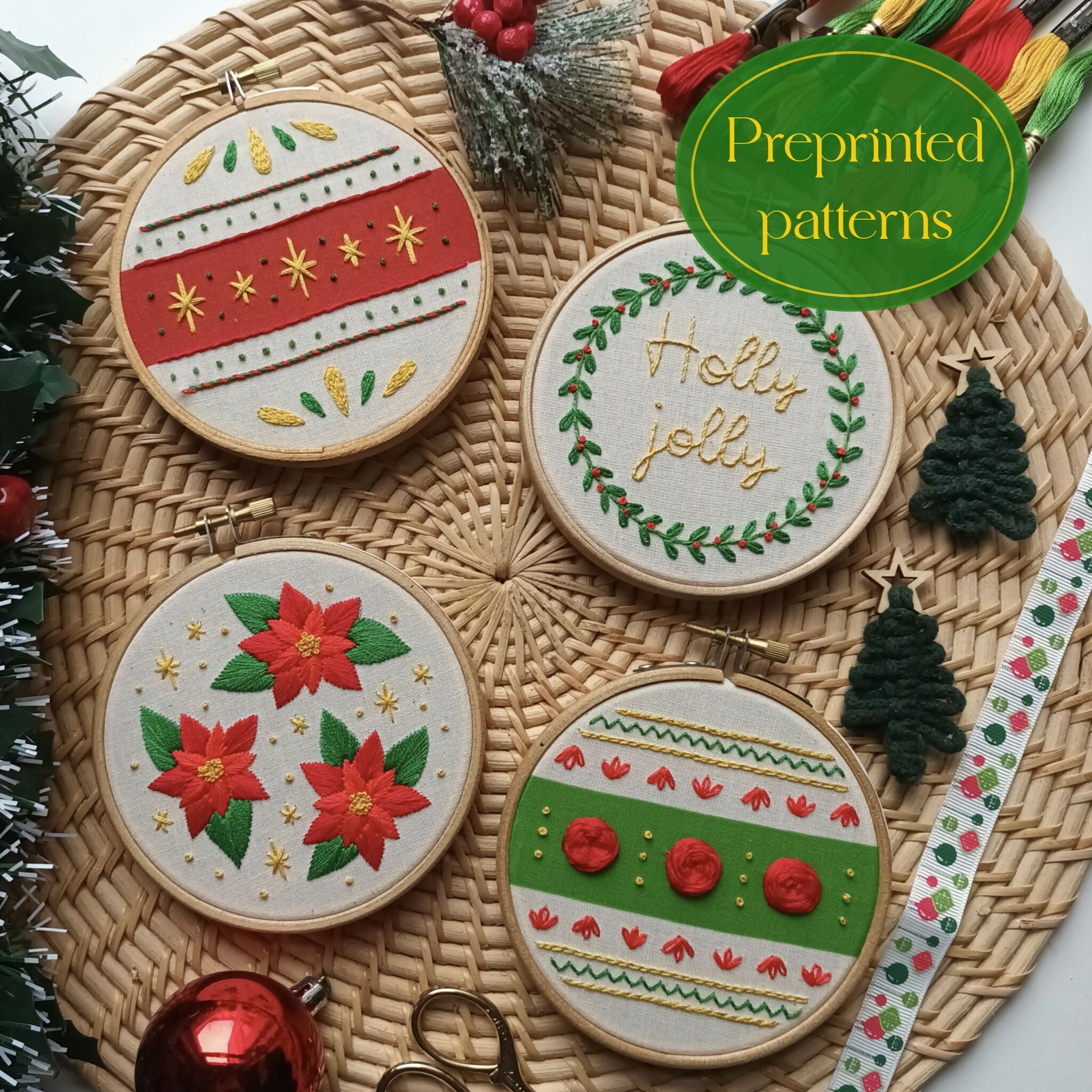 Preprinted Embroidery Pattern For Beginners - Christmas Ornaments