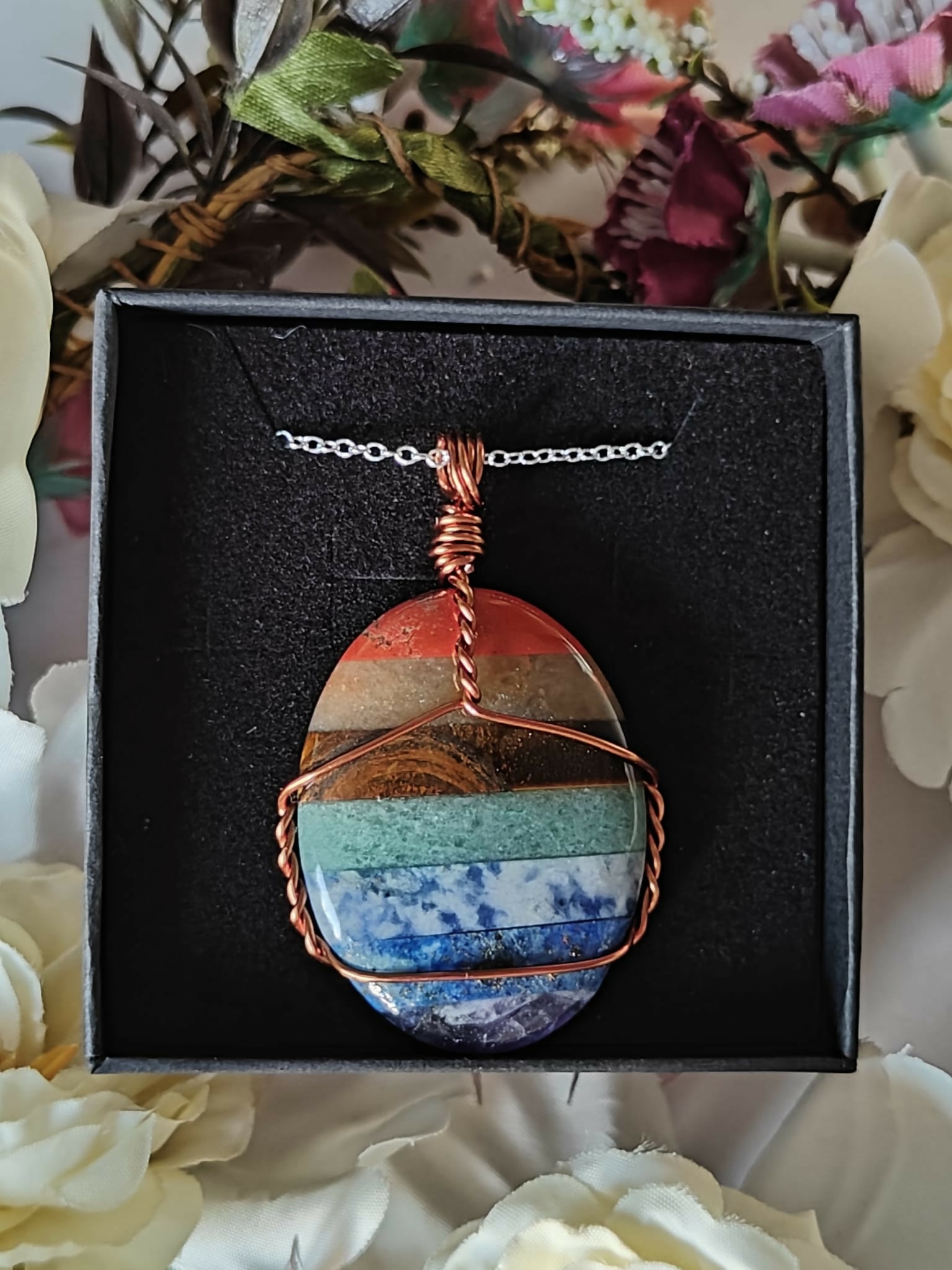 Mixed Worry Stone Wire Wrapped Crystal Necklace on Sterling Silver Chain