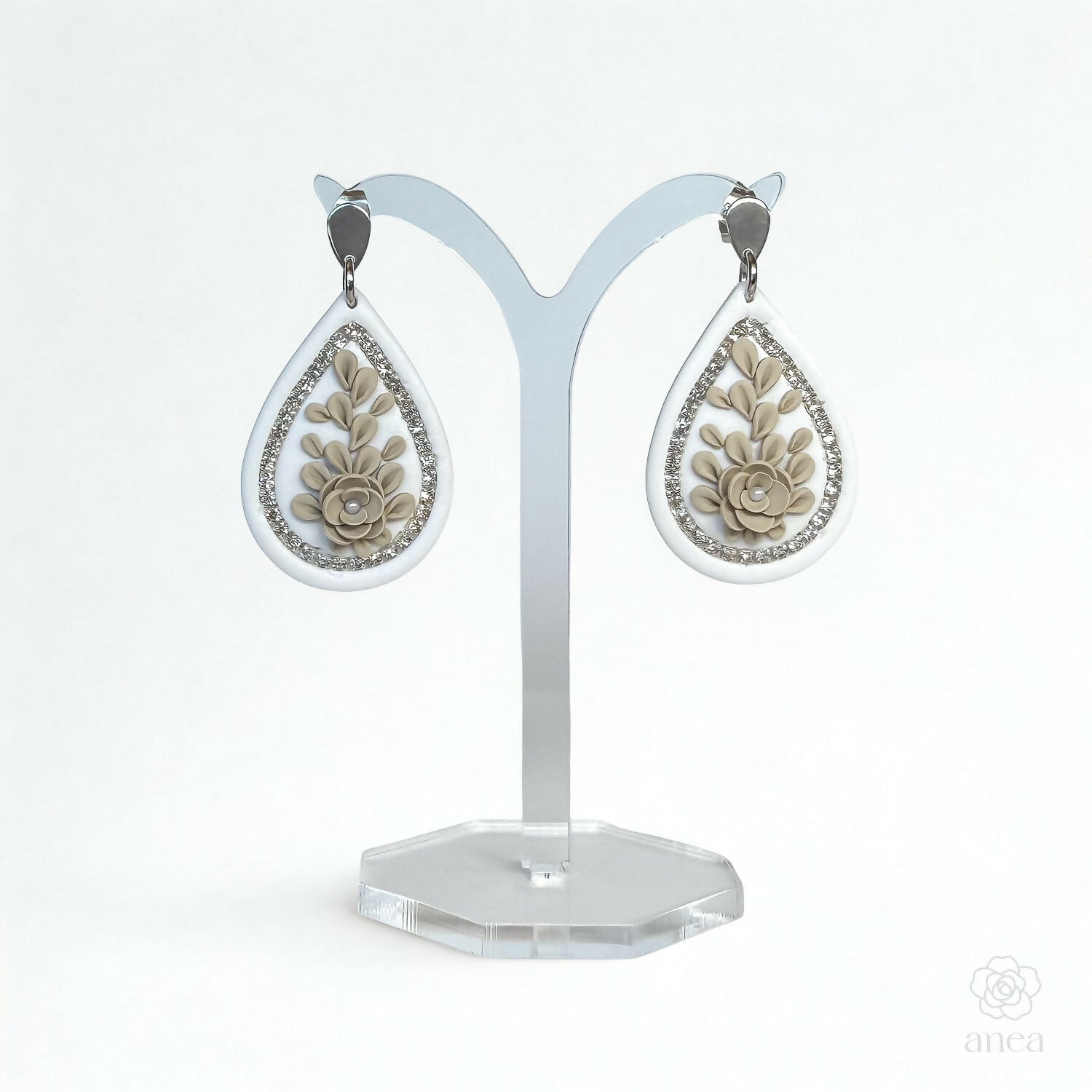 Floral Teardrop Earrings with Rhinestone Detail in Ivory