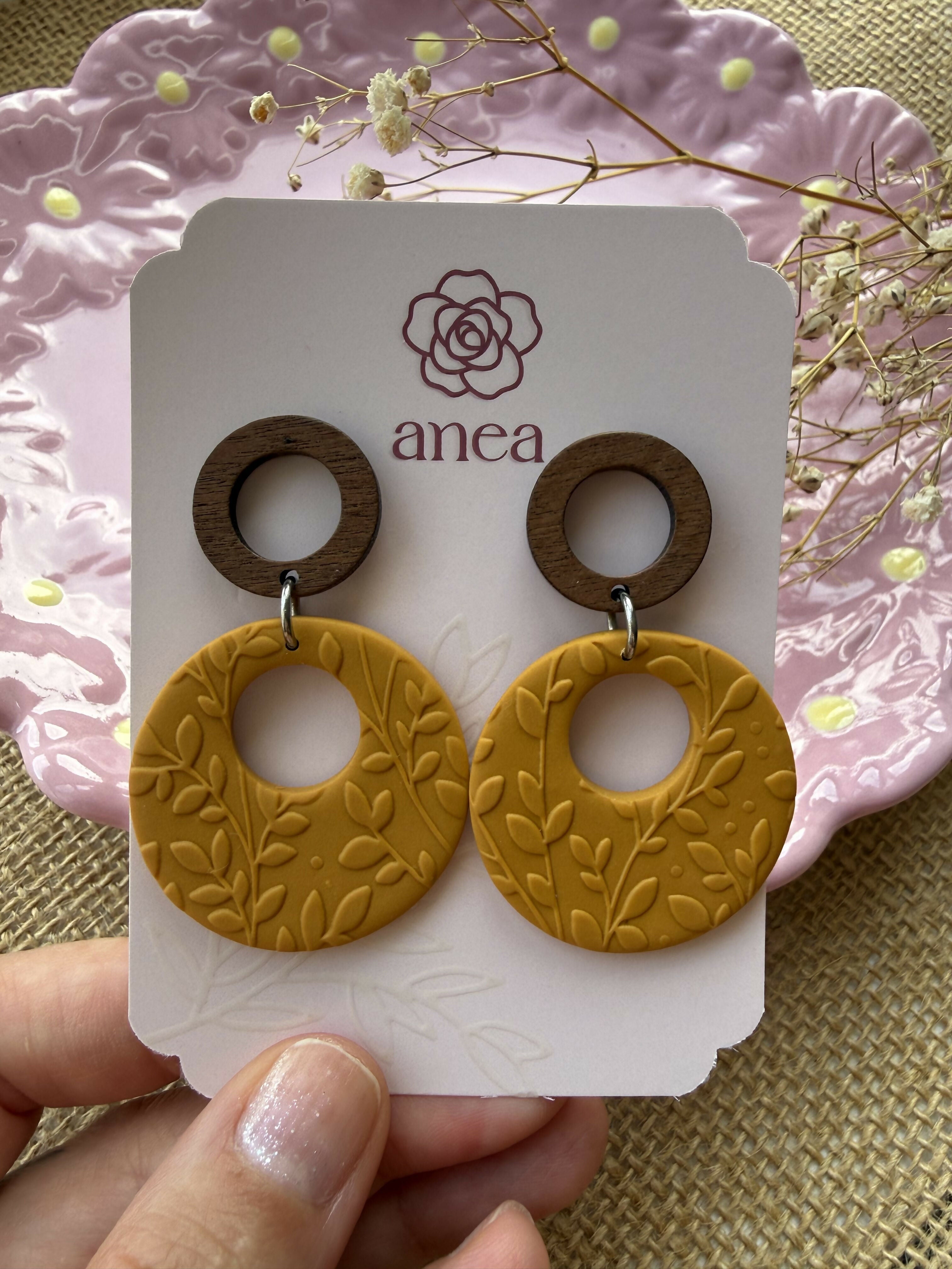 Textured Clay and Walnut Wood Drop Earrings in Storm Green and Ochre