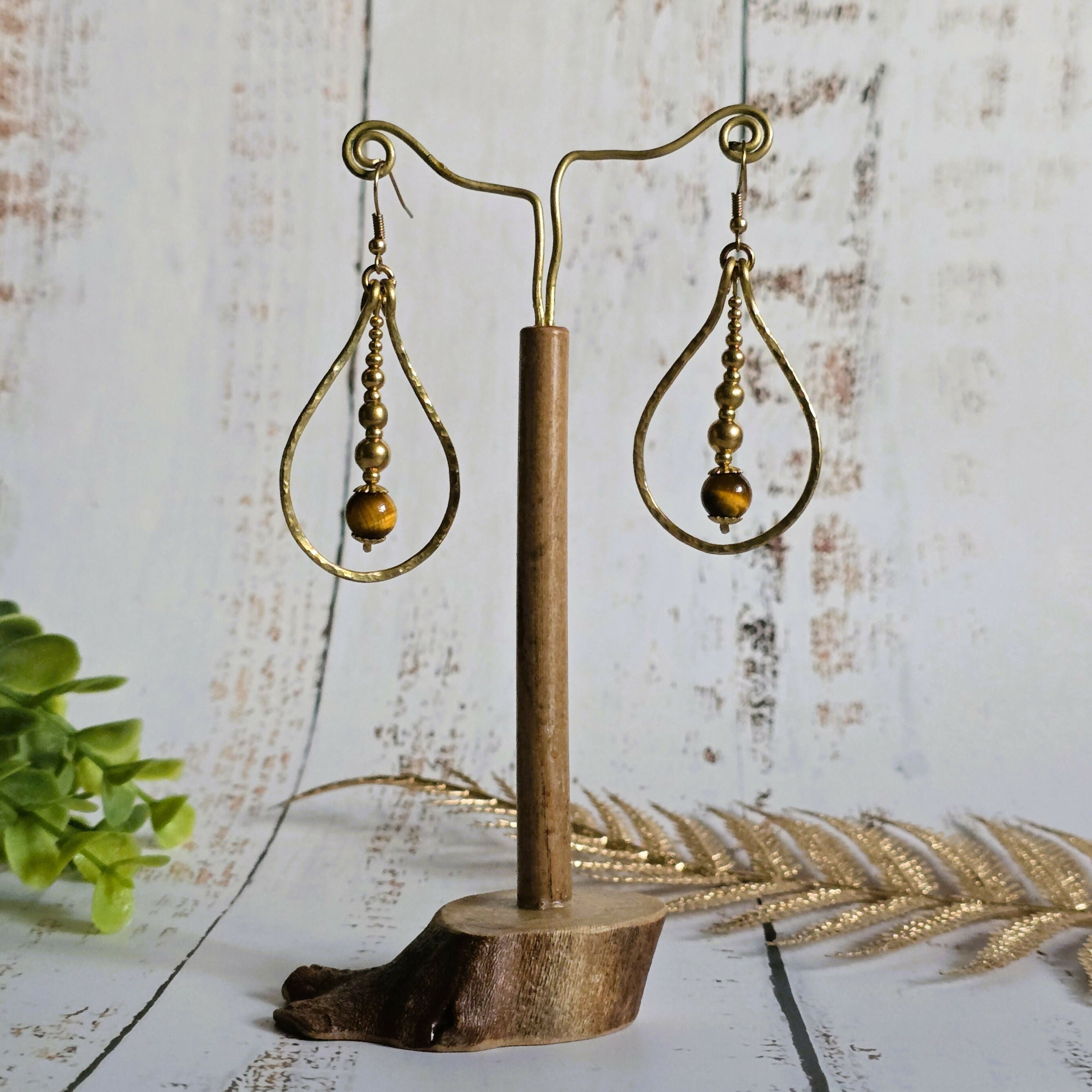 Tiger's Eye Raindrop Earrings; Gold Brass Wire Teardrop Crystal Boho Earrings