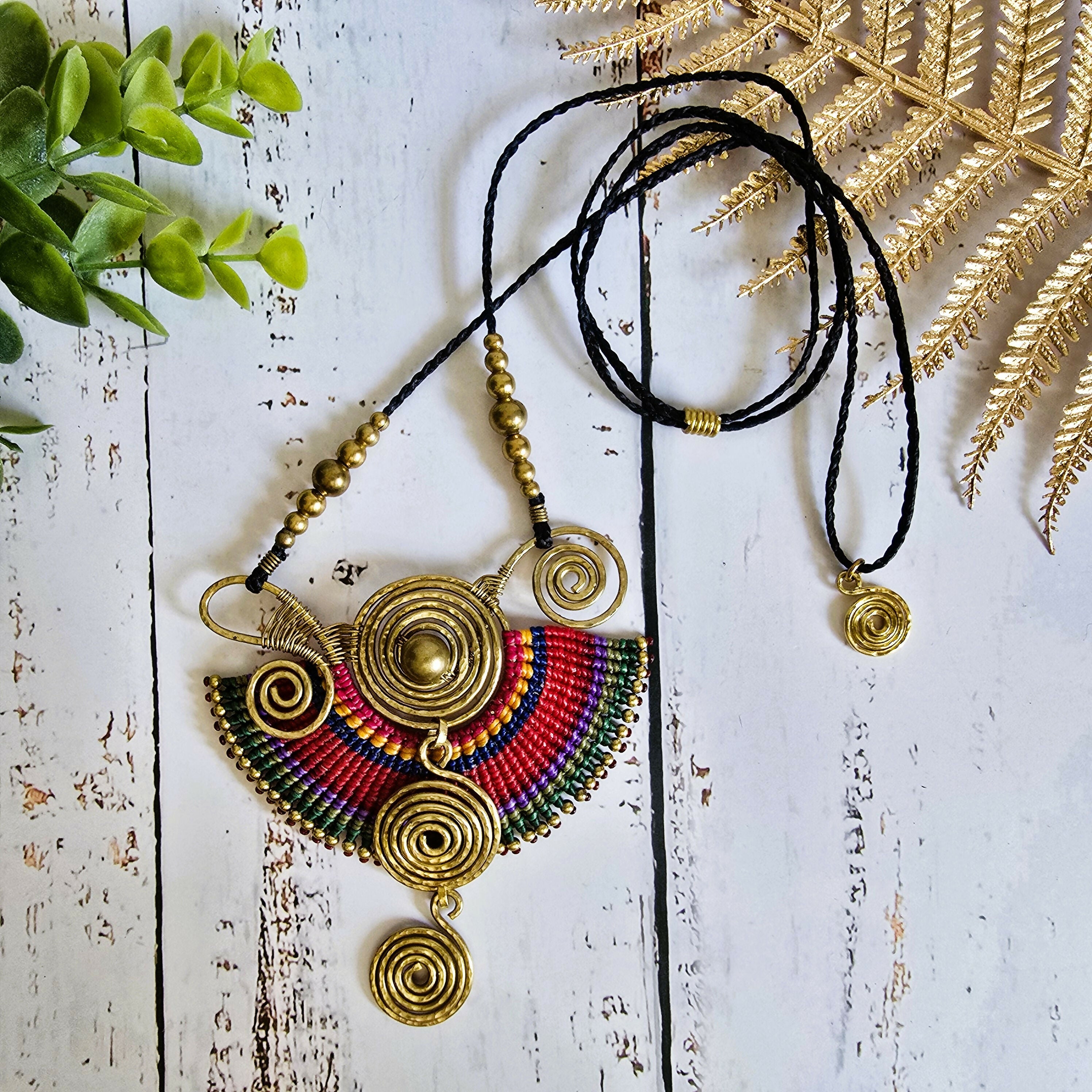 Sahara Necklace; Bold Rainbow Macramé Statement Pendant with Gold Spiral Wire Art