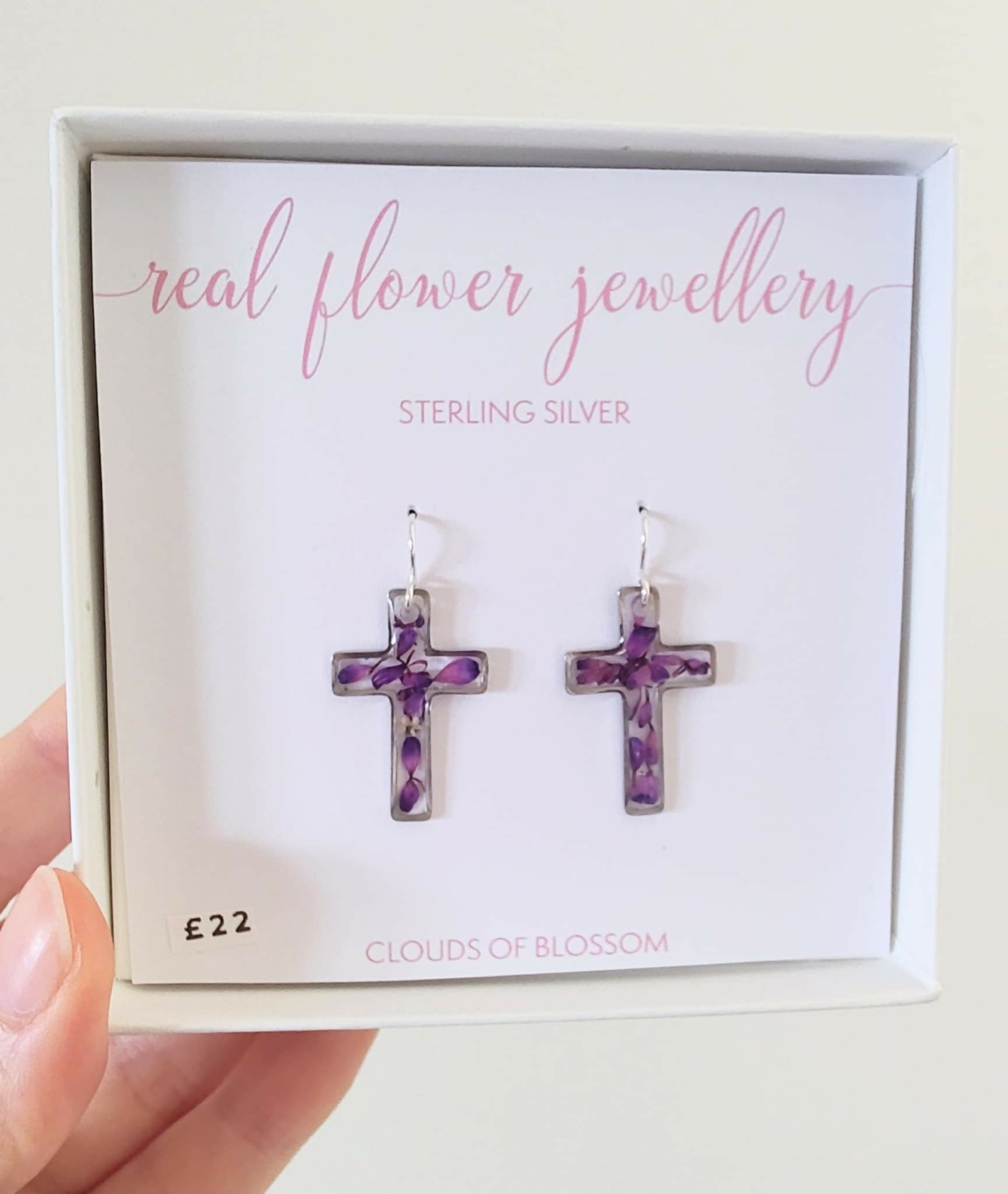 Real Flower Purple Cross Hook Earrings Sterling Silver