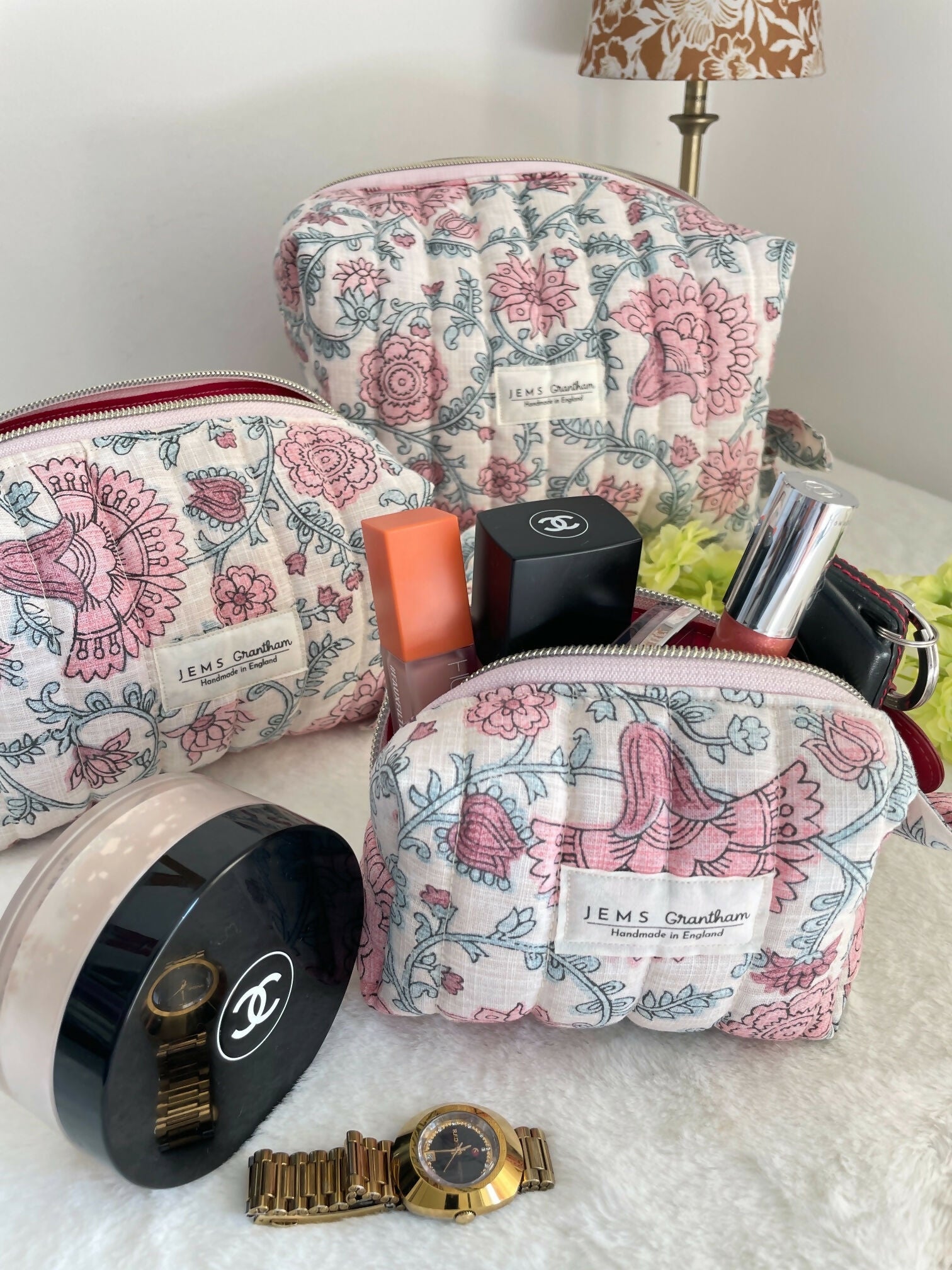 Quilted Toiletry Bag Cream with Pink Floral Design