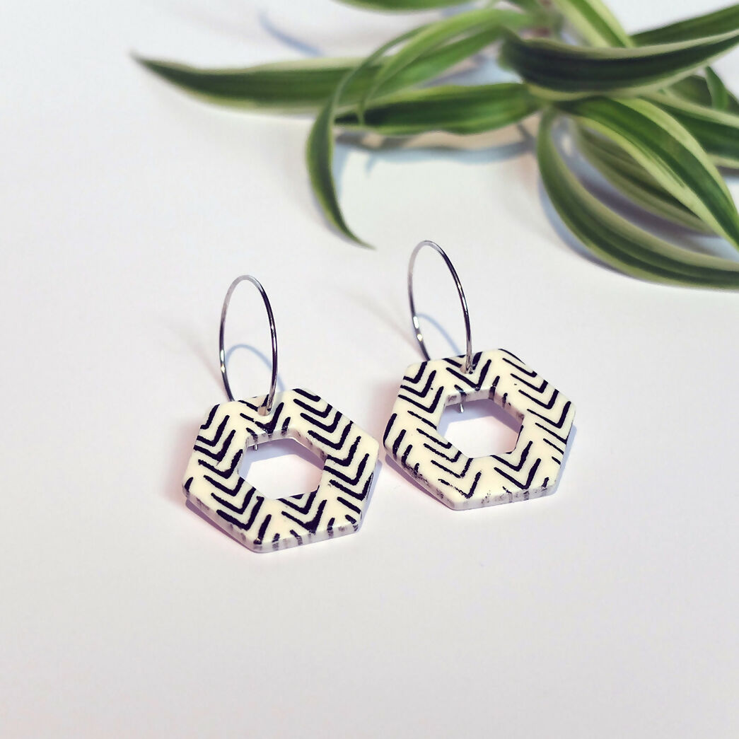 Geometric Black and White Hoop Earrings - Handmade Polymer Clay - Polly Plant