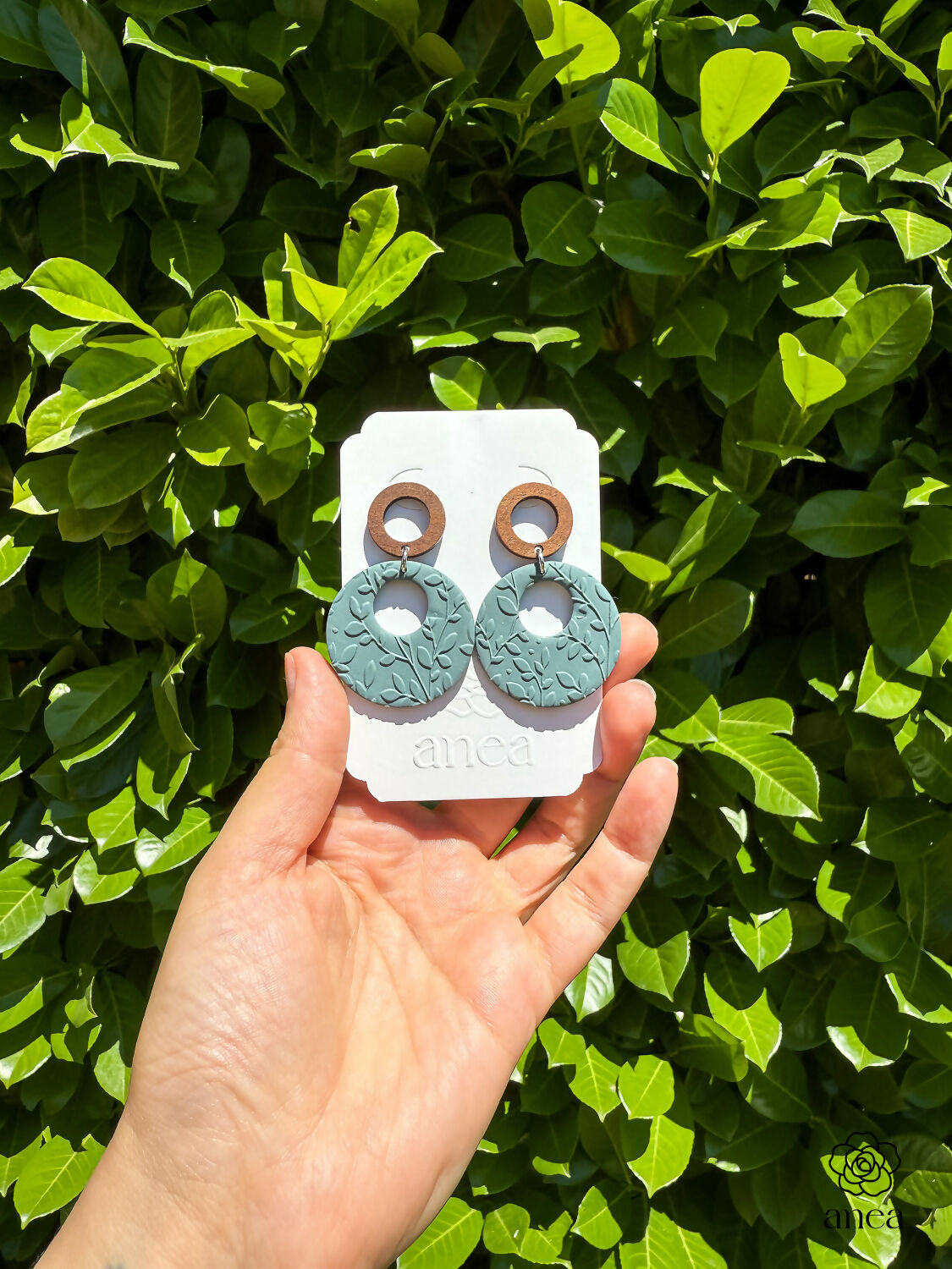 Textured Clay and Walnut Wood Drop Earrings in Storm Green