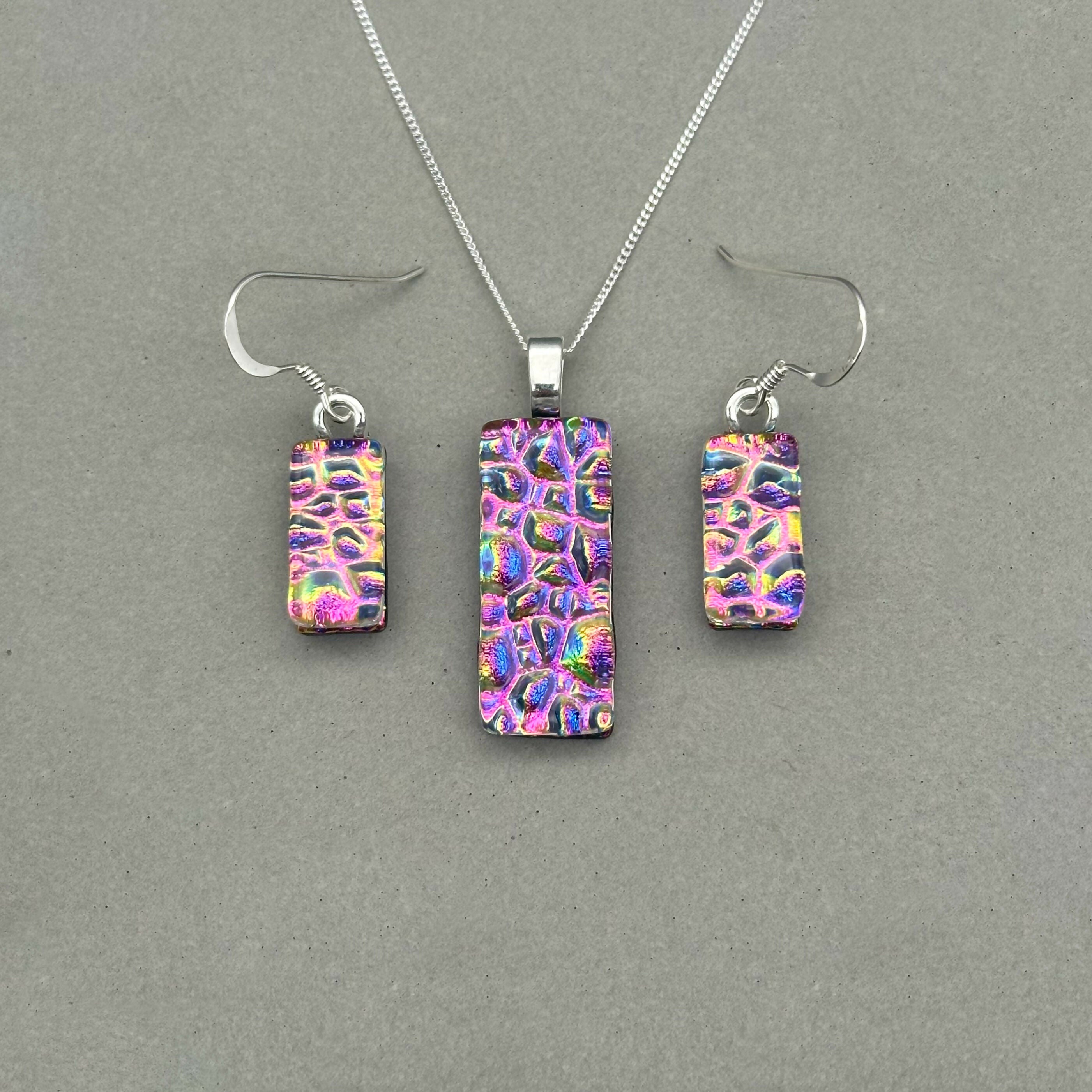 Pink Rainbow Raindrop Dichroic Glass Necklace and Earrings Set - Sterling Silver, Handmade by Jade Tapson Glass