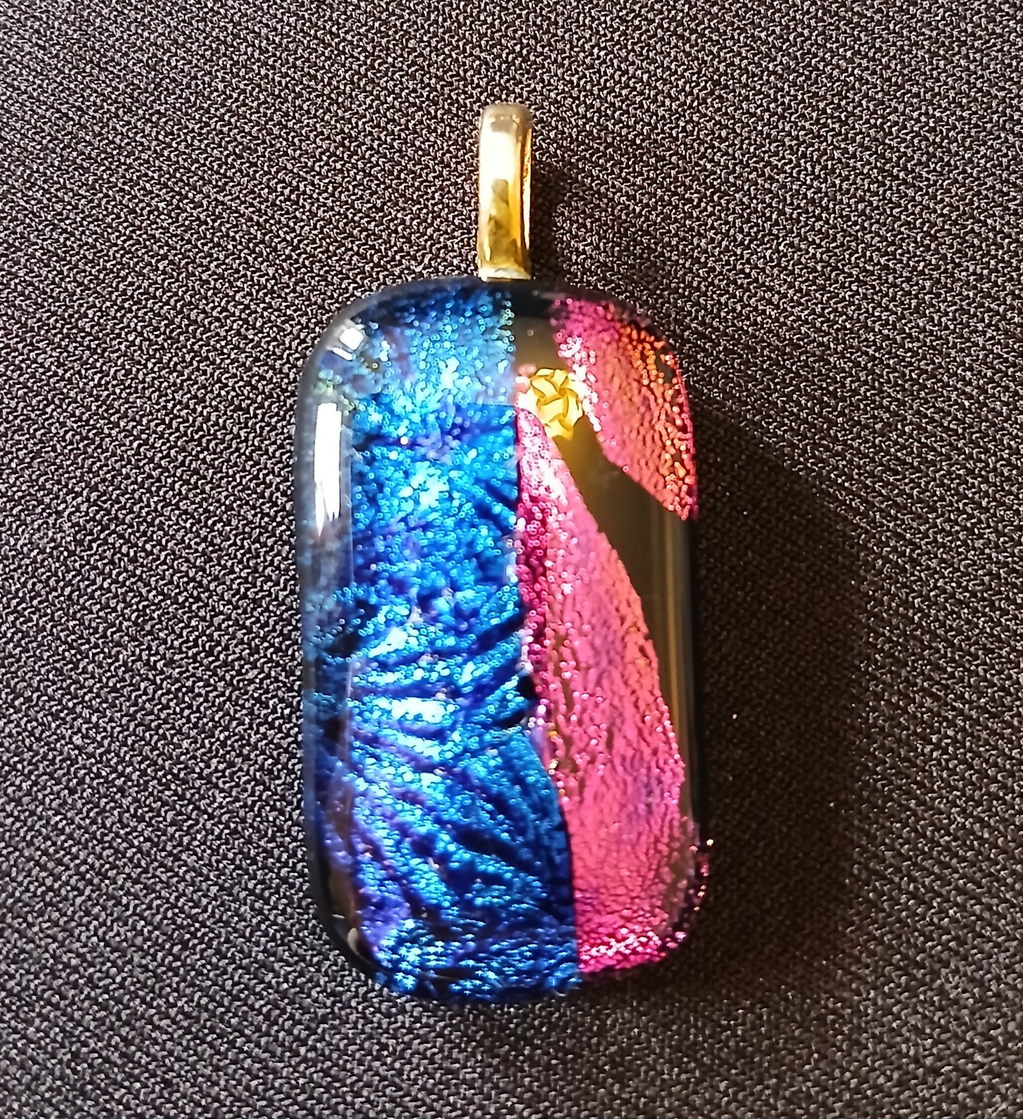 Fused Dichroic Glass Rectangular Pendant With a Gold Coloured Chain Necklace (Blue and Pink)