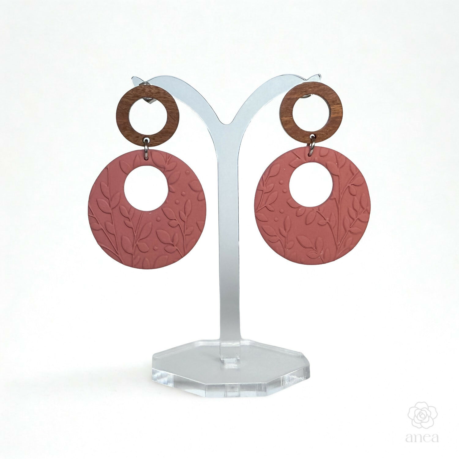 Textured Clay and Walnut Wood Drop Earrings in Soft Terracotta