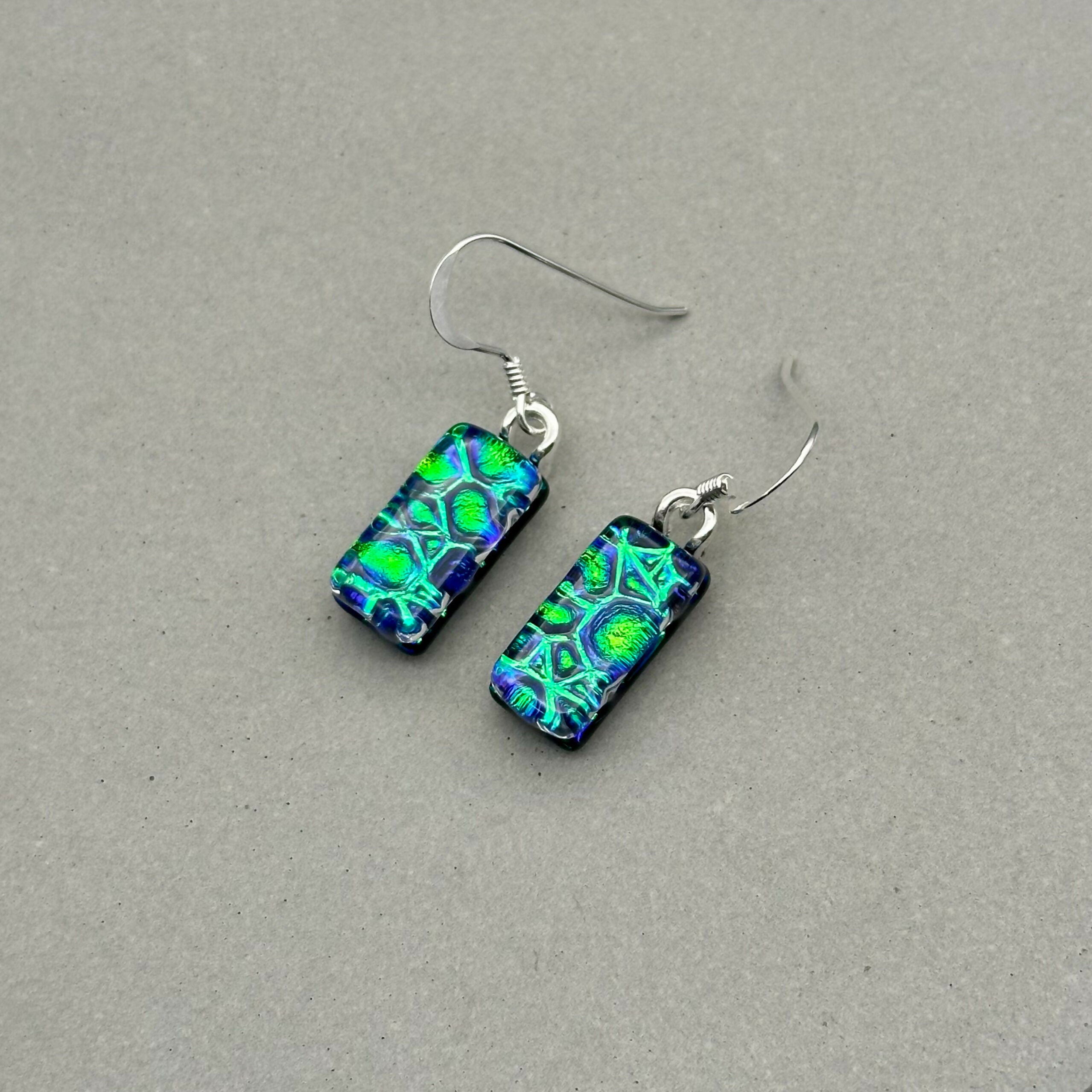 Emerald Green Raindrop Dichroic Glass Necklace and Earrings Set - Sterling Silver, Handmade by Jade Tapson Glass