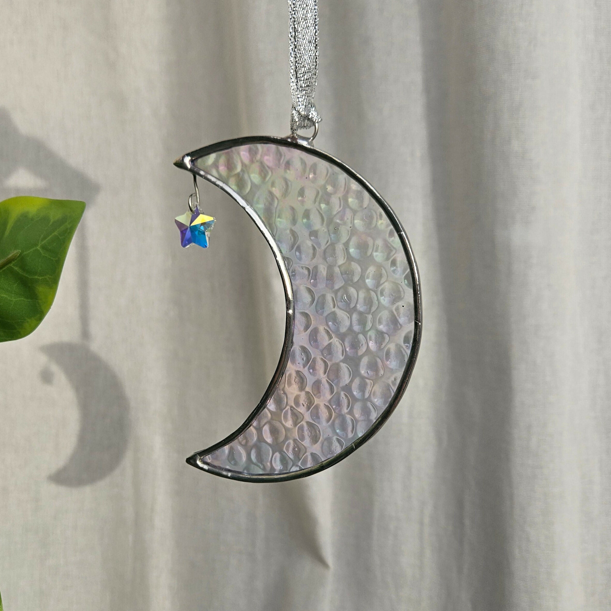 Iridescent Hammered Crescent Moon Stained Glass Suncatcher