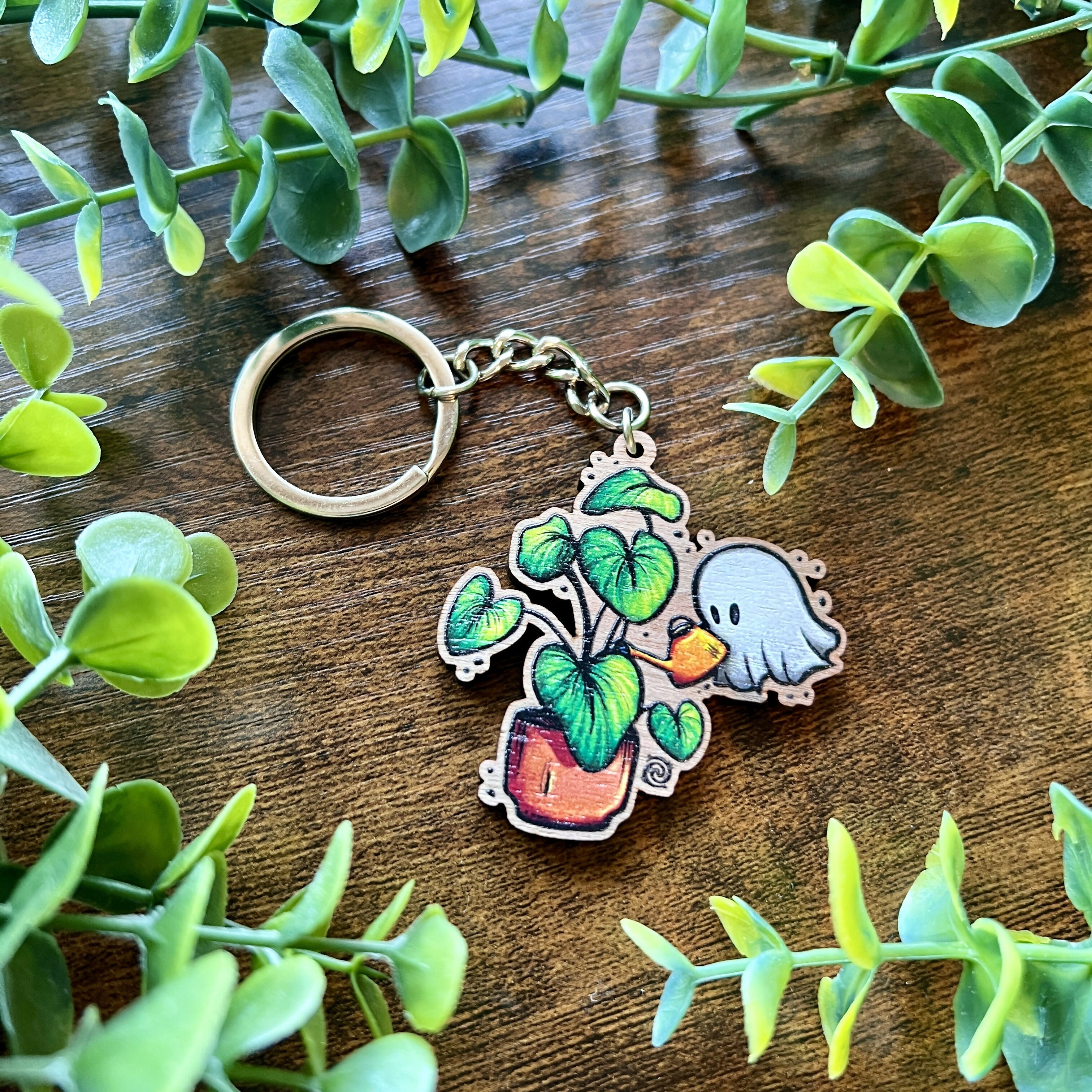 Ghost and Plant Wooden Keyring