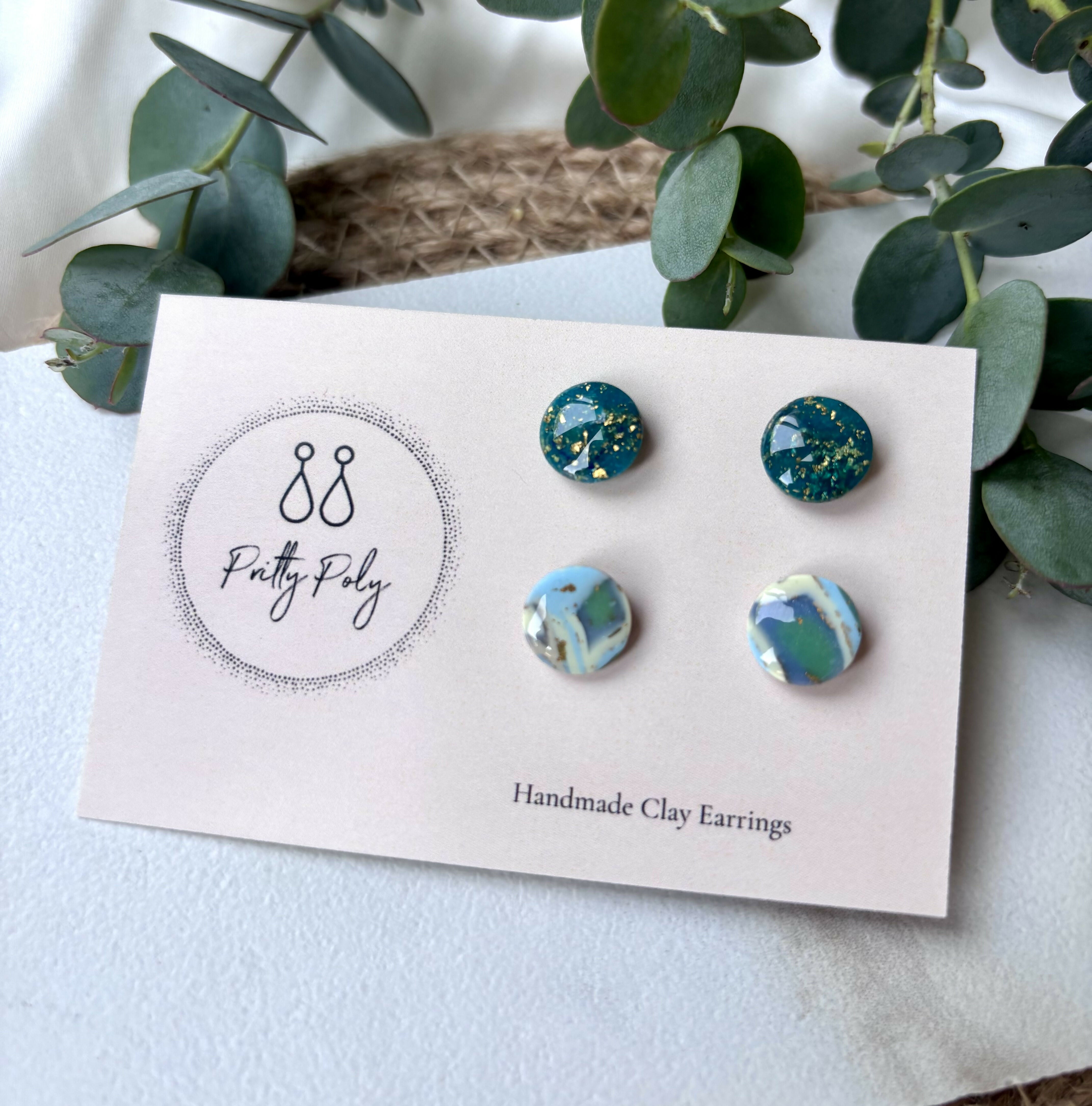 Clay Stud Pack - Deep Blue & Gold and Aqua Pattern Studs