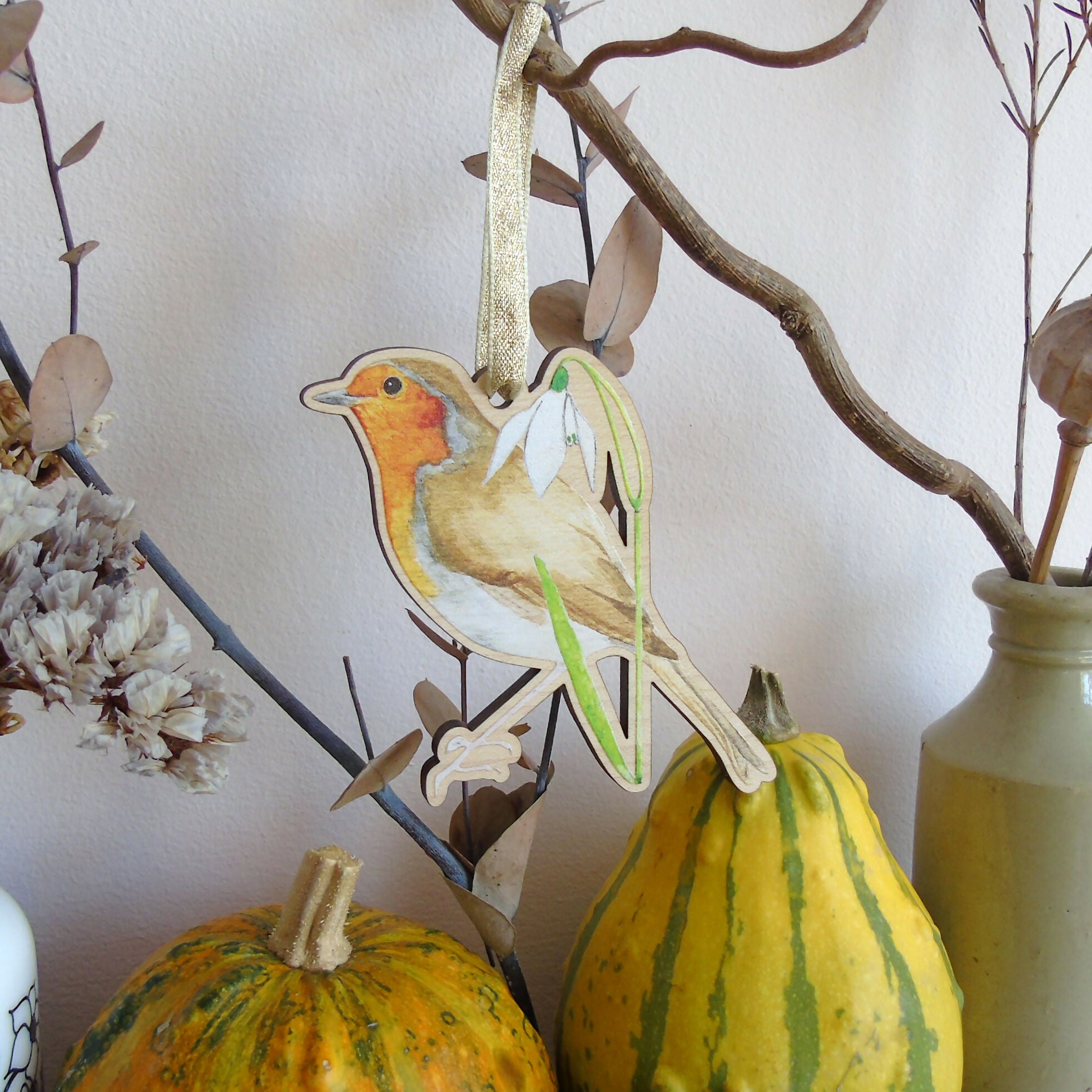 Robin and Snowdrop Hanging Wooden Decoration