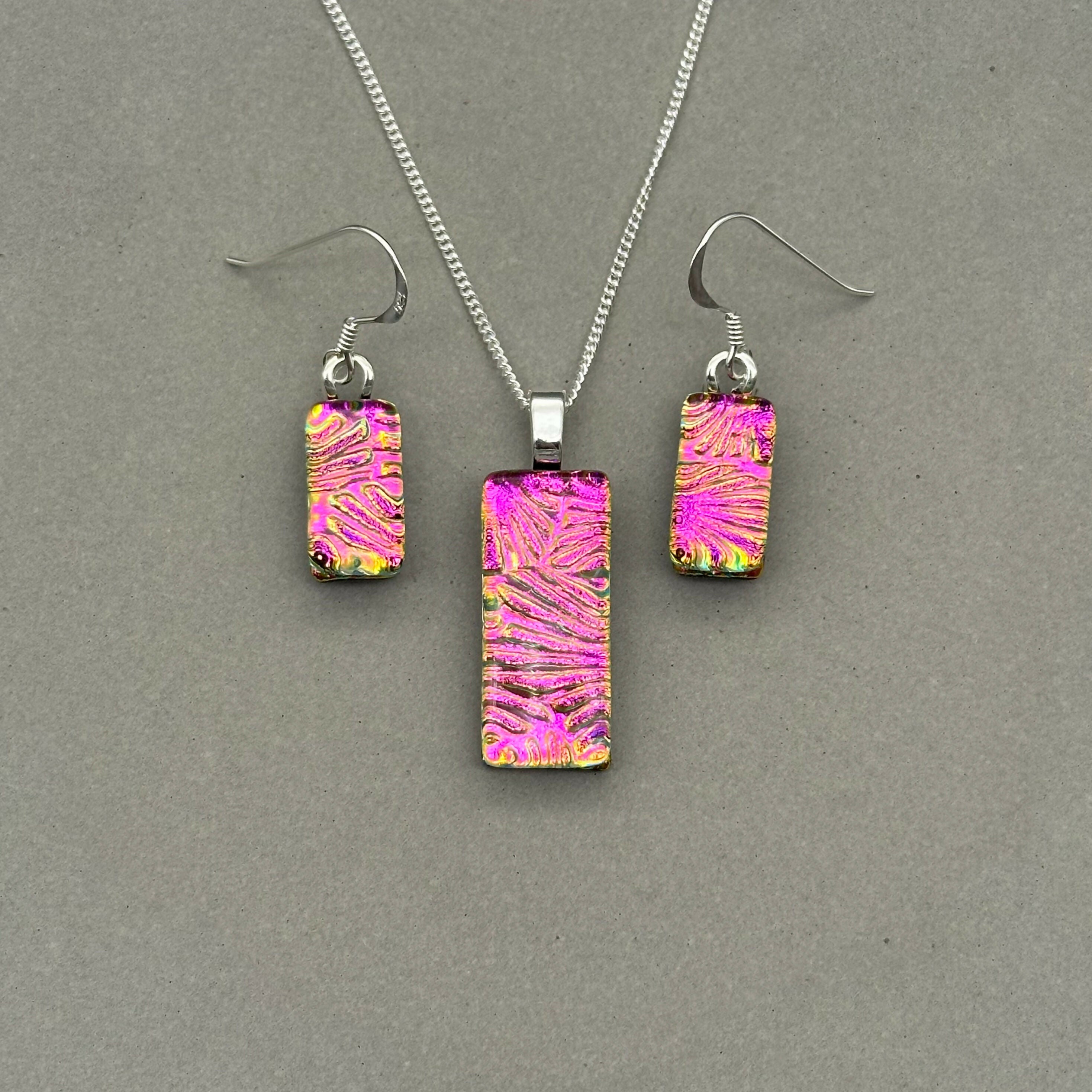 Pink Flower Dichroic Glass Necklace and Earrings Set - Sterling Silver, Handmade by Jade Tapson Glass.