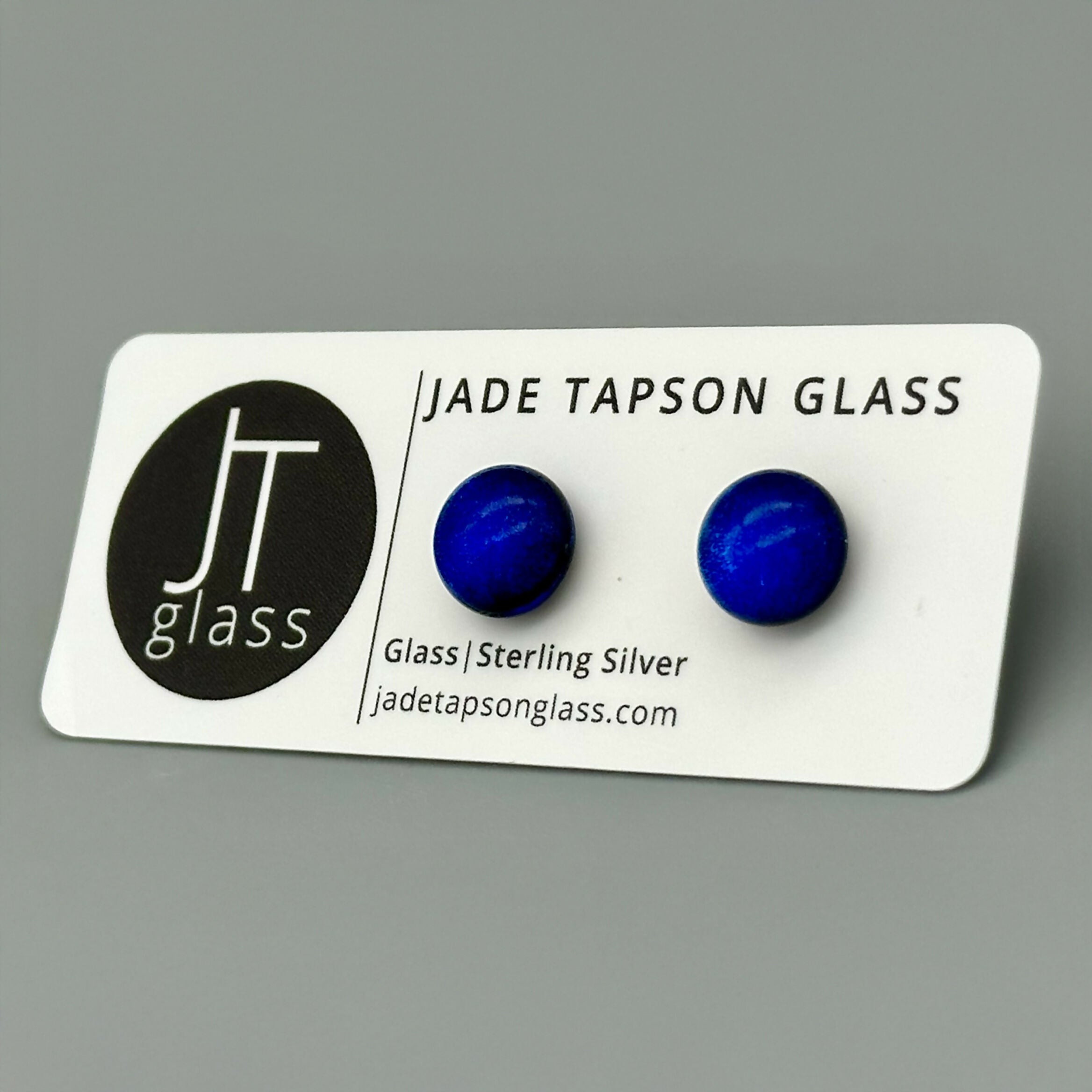 Mid Blue Dichroic Fused Glass Sterling Silver Stud Earrings - Handmade by Jade Tapson Glass.