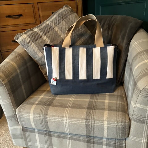 Unique Handcrafted Striped Denim Tote Bag Handbag Made From Upcycled Jeans