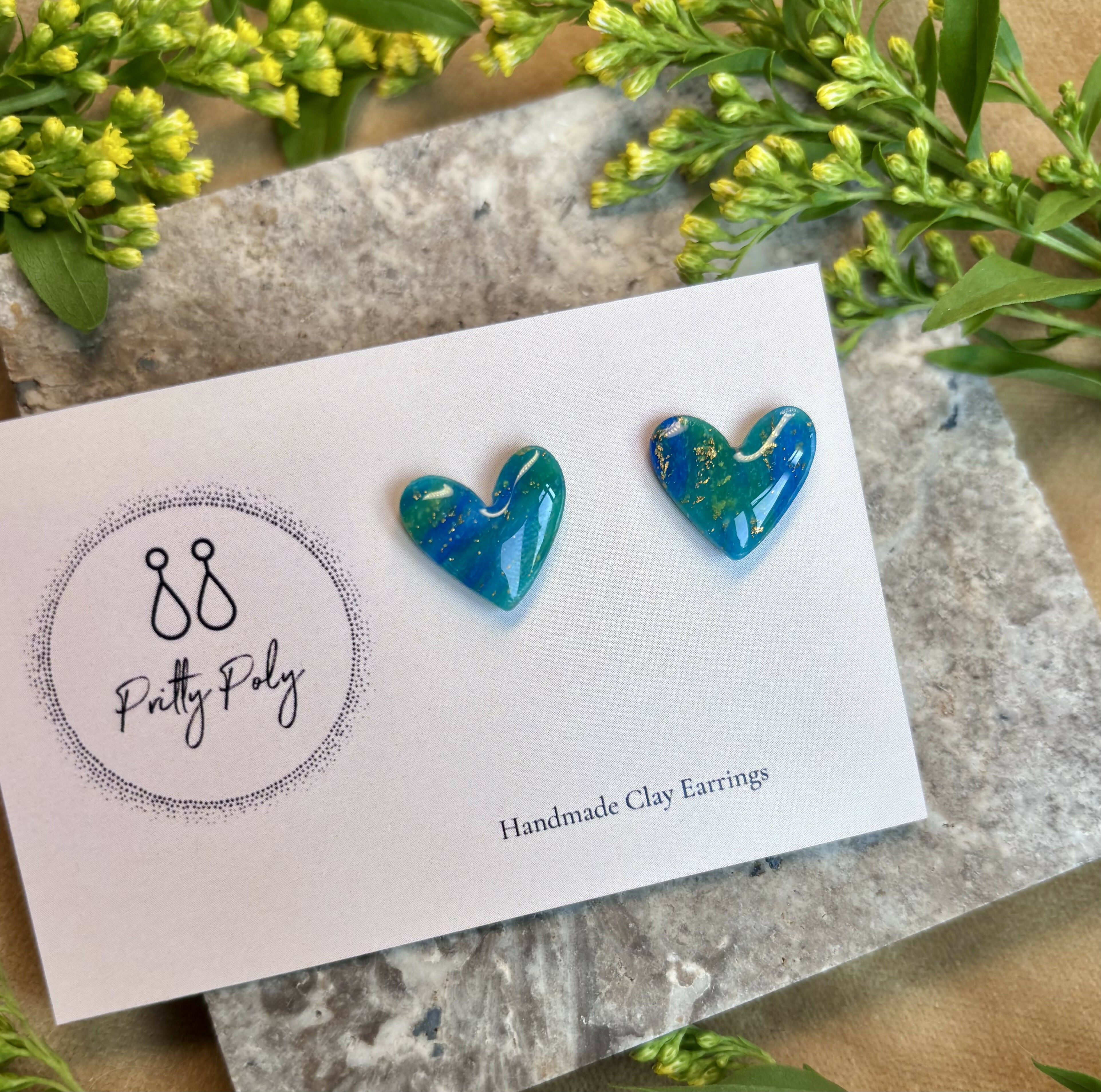 Blue and Gold Fleck Heart Polymer Clay Studs