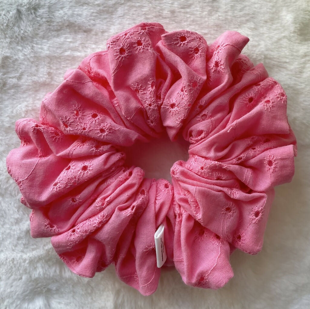 Pink Embroidered Cotton Scrunchies