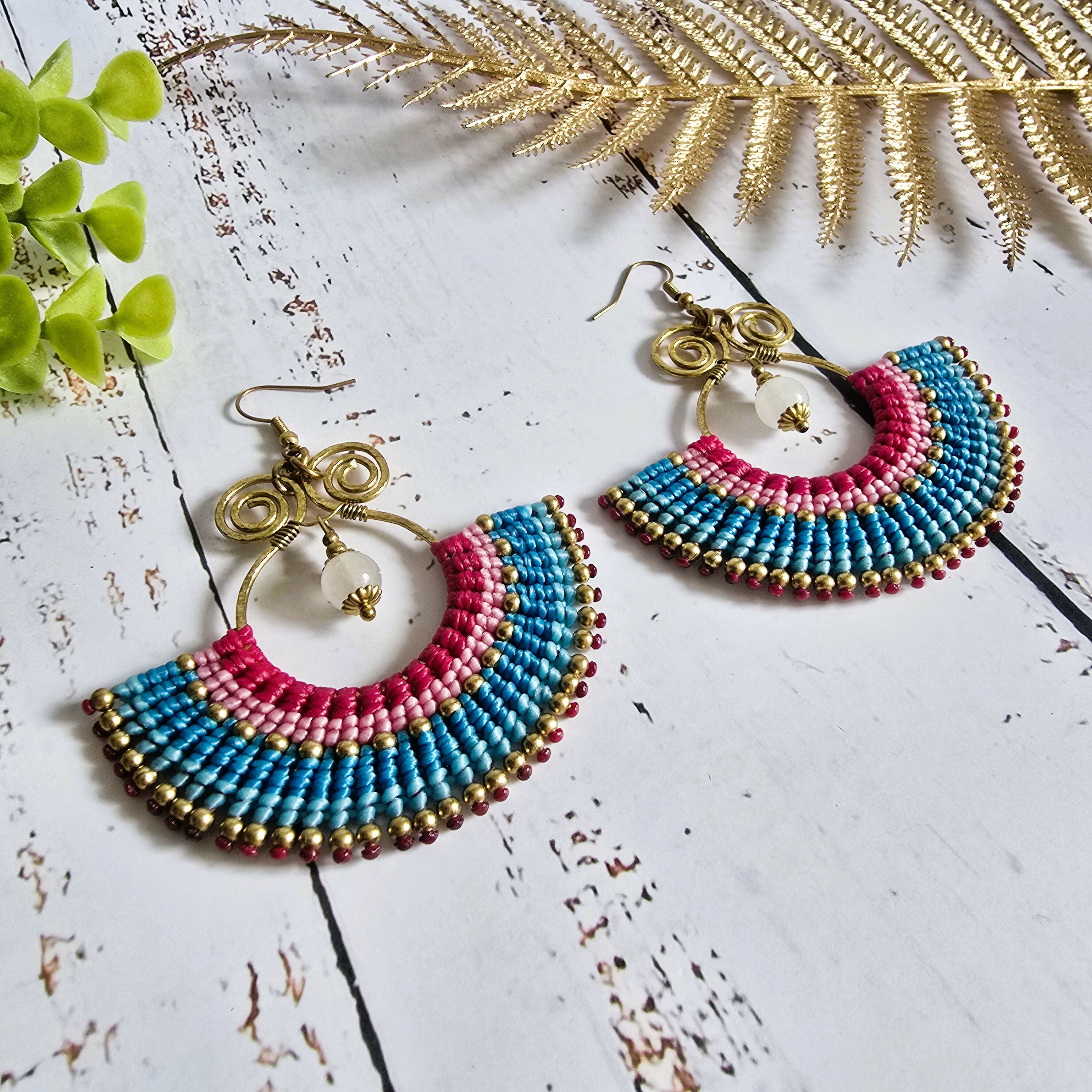 Pink Rose Quartz Statement Earrings; Handmade Bohemian Macramé Earrings With Gold Spiral Wirework
