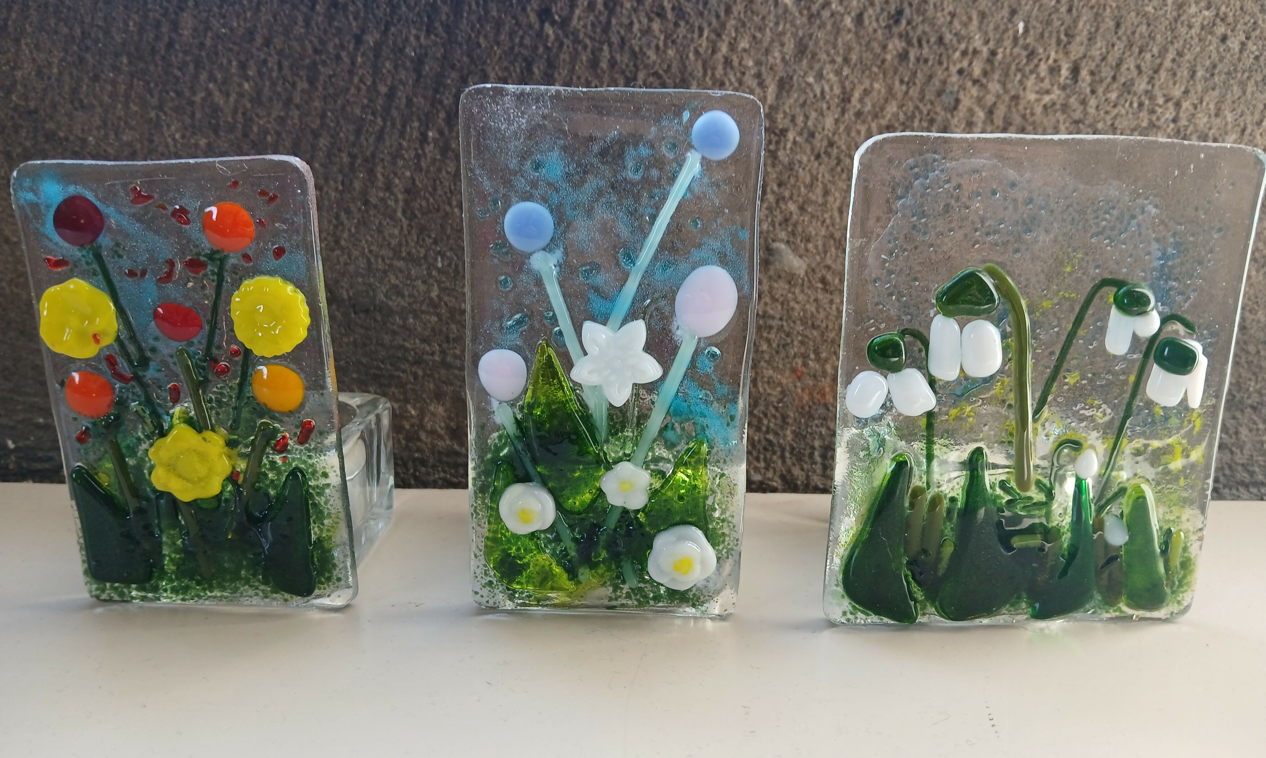 Fused Glass Tealight with Pastel Flowers