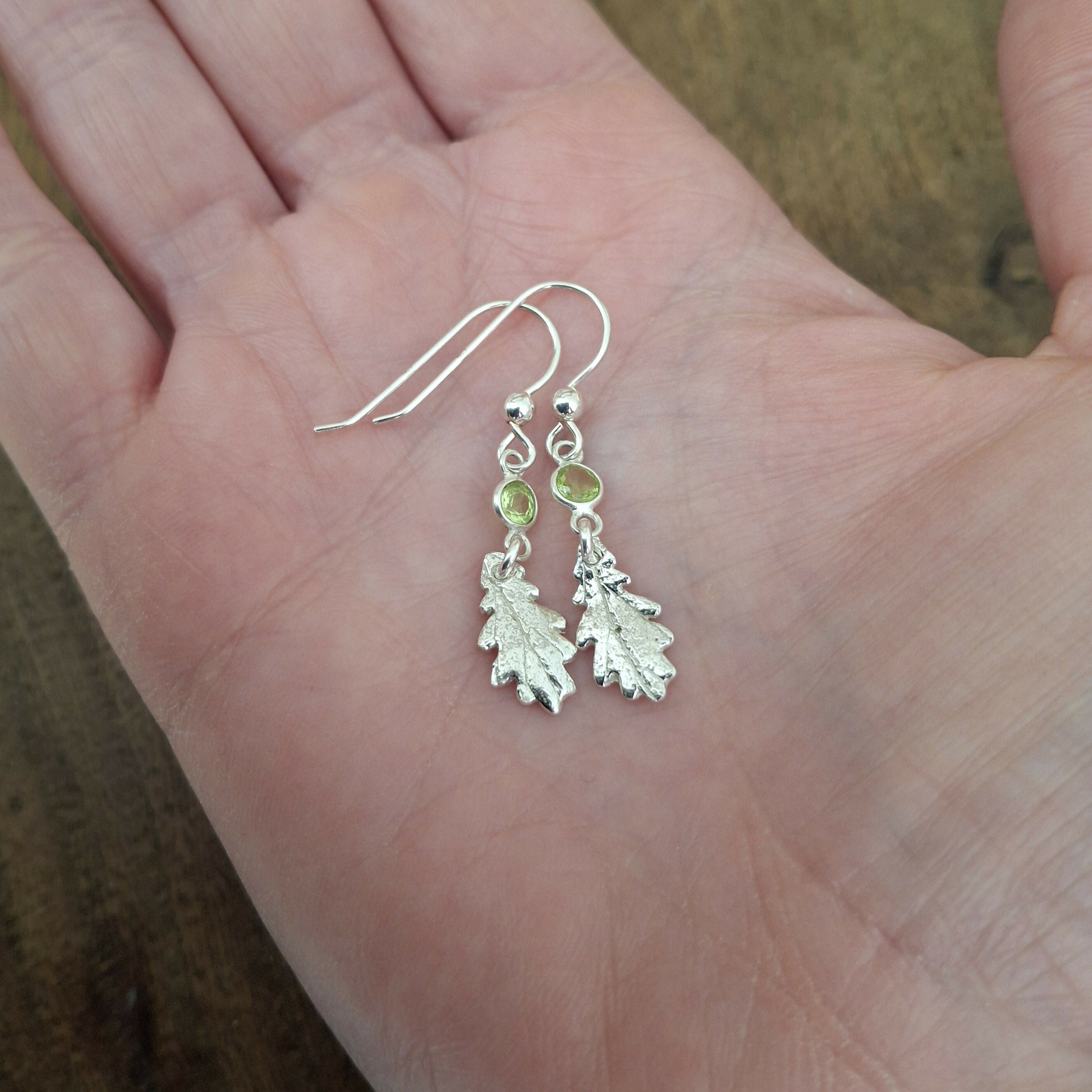 Handmade Silver Oak Leaf Earrings With Peridot Stones