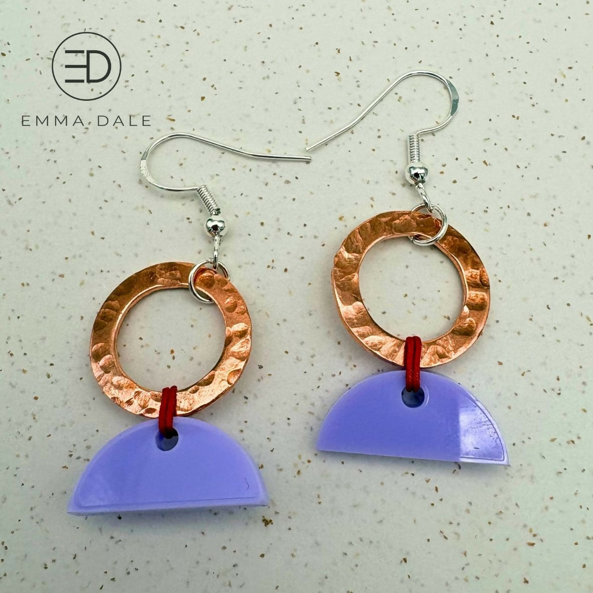 Lilac & Red Acrylic Hand-Hammered Copper Earrings