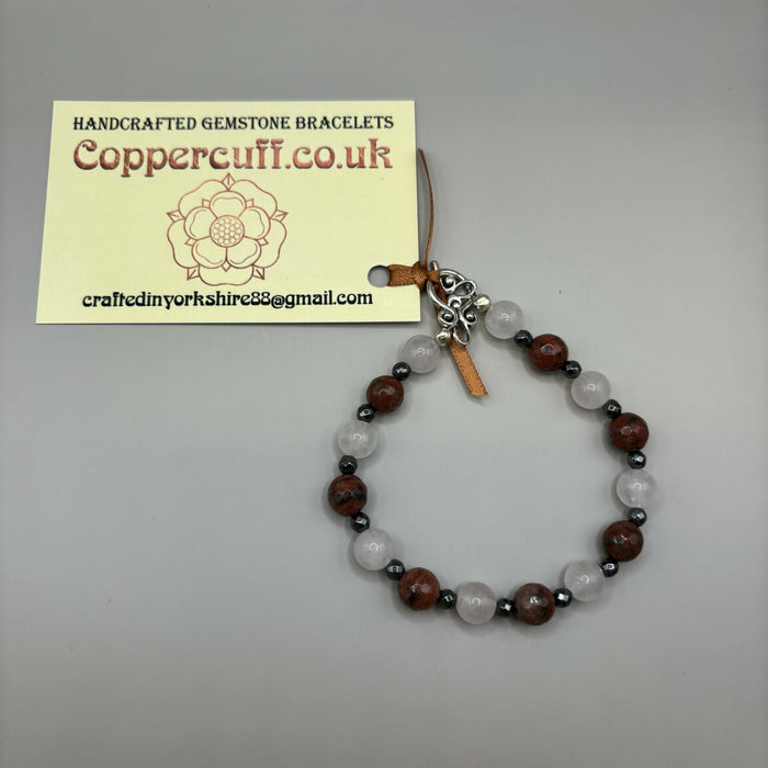 Tibetan Silver Toggle Clasp Bracelet with Rose Quartz, Faceted Grey Hematite and Faceted Red Jasper