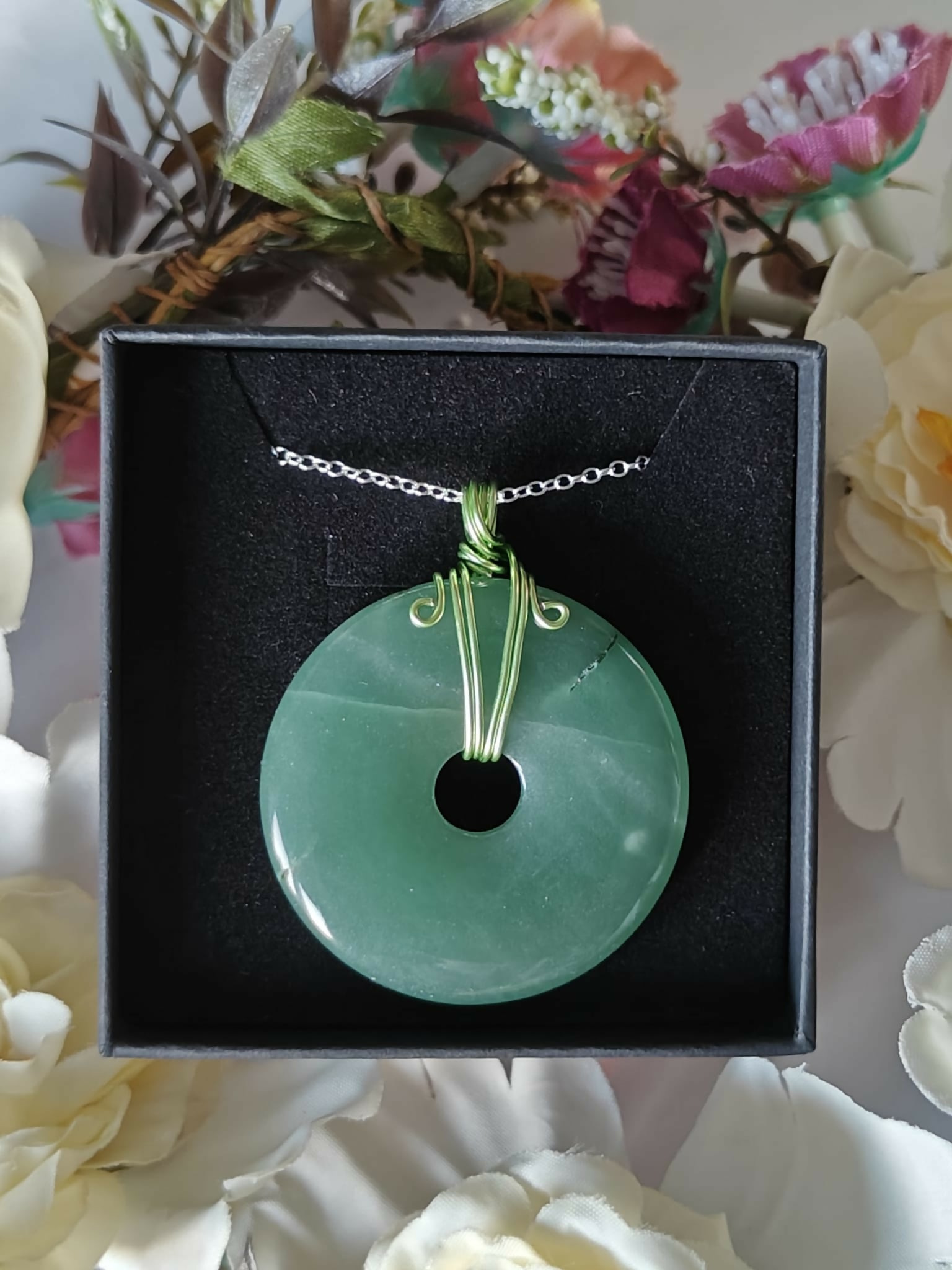 Green Aventurine Wire Wrapped Crystal Ring Necklace on Sterling Silver Chain