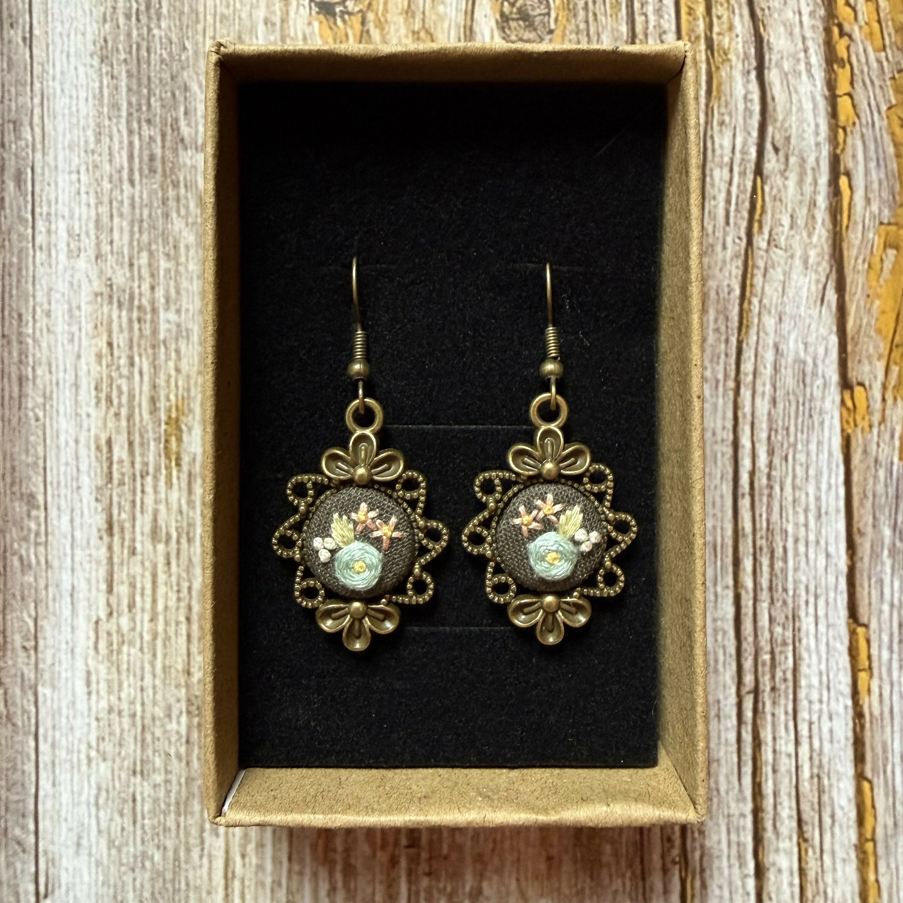 Hand Embroidered Brown Floral Vintage Style Earrings