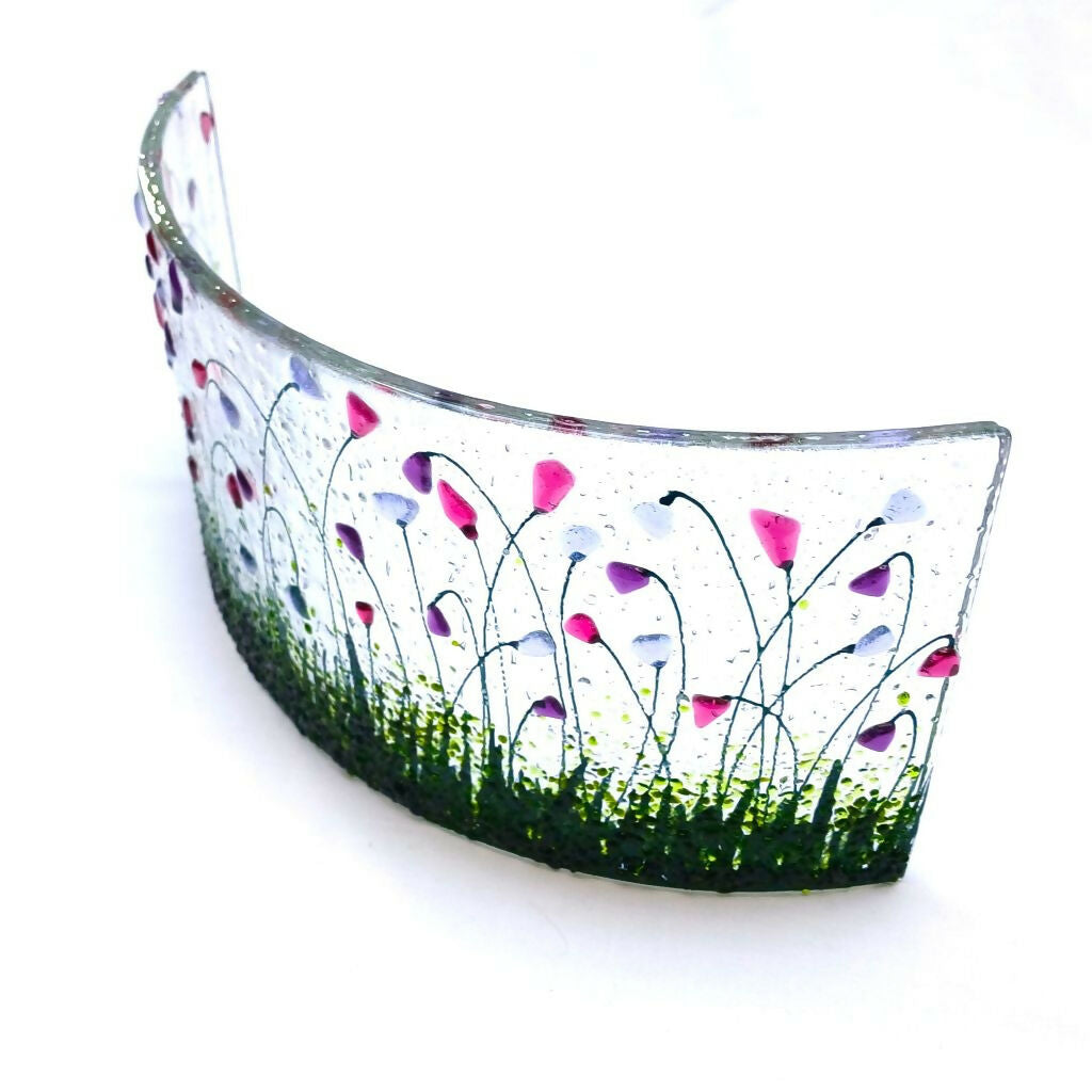 Large Freestanding Fused Glass Curve With Pink, Violet & Lavender Flowers