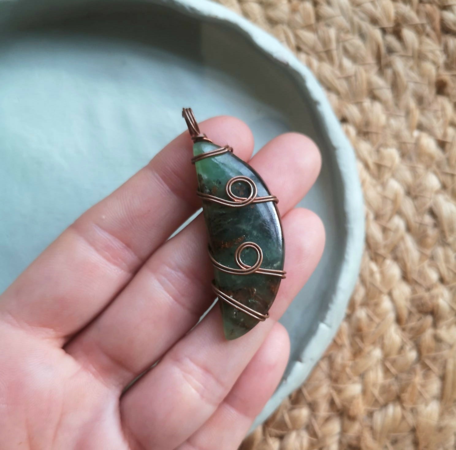 Chrysoprase & Copper Wire Wrapped Pendant With Suede Cord