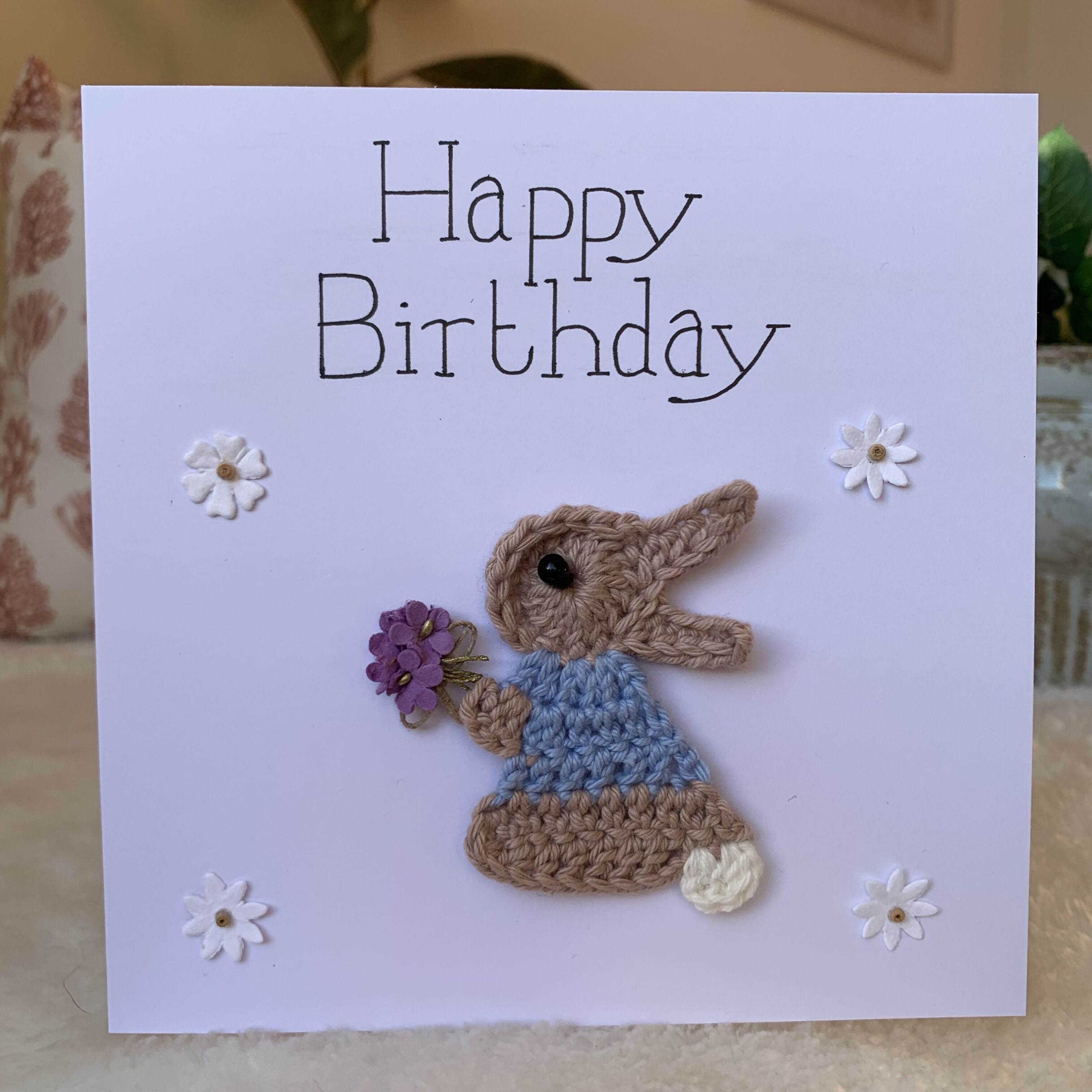 Happy Birthday Crocheted card with Rabbit or Elephant