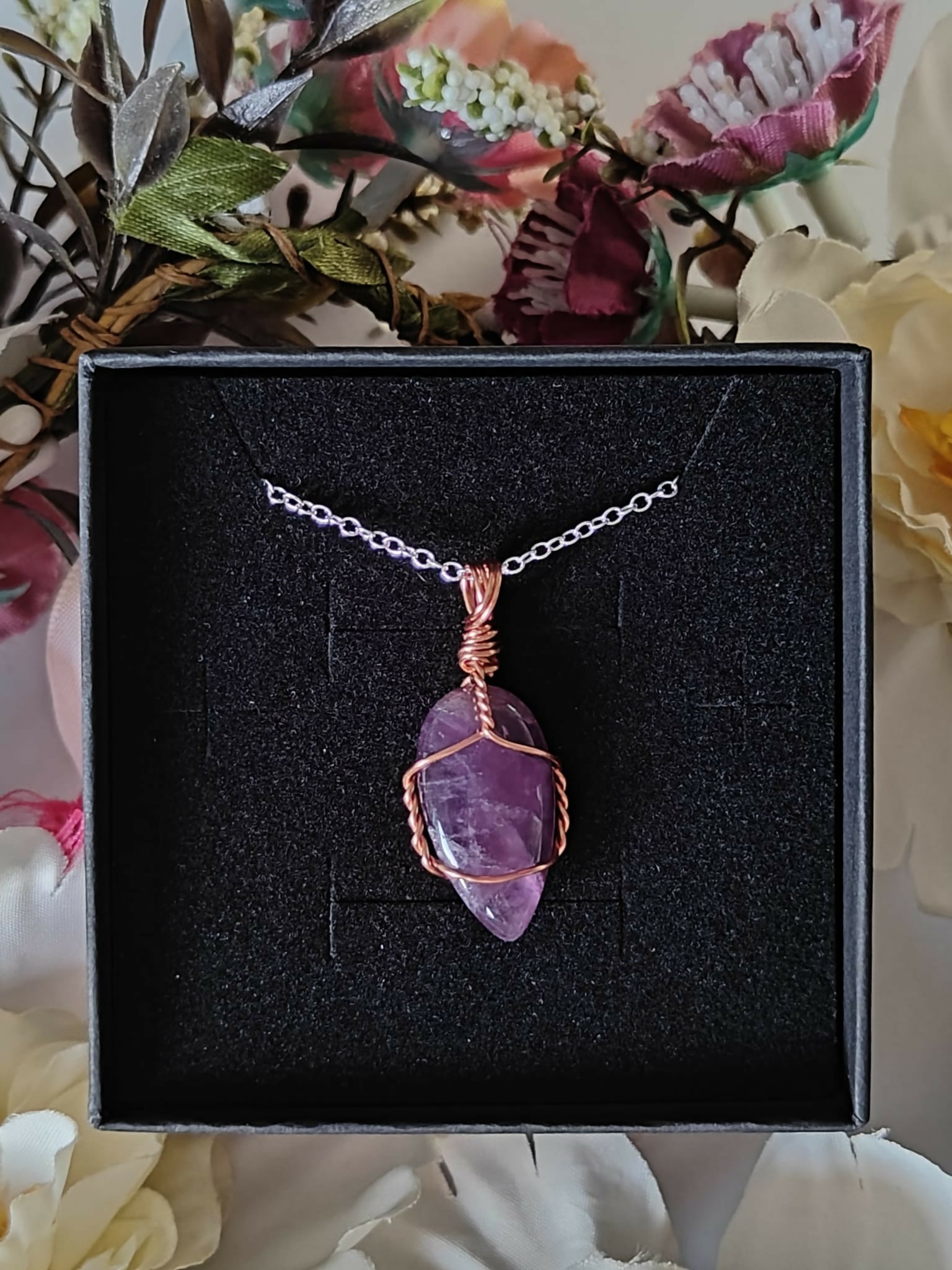 Amethyst Wire Wrapped Crystal Necklace on Sterling Silver Chain