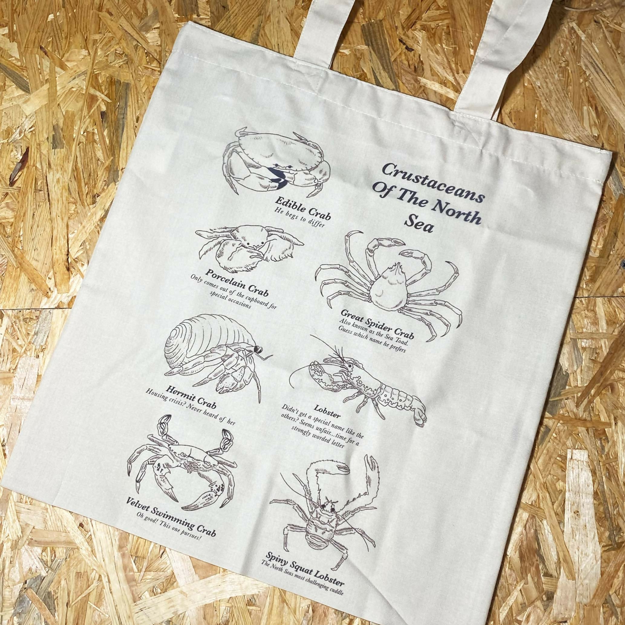 Crustaceans of the North Sea - Natural, handprinted, illustrated tote bag