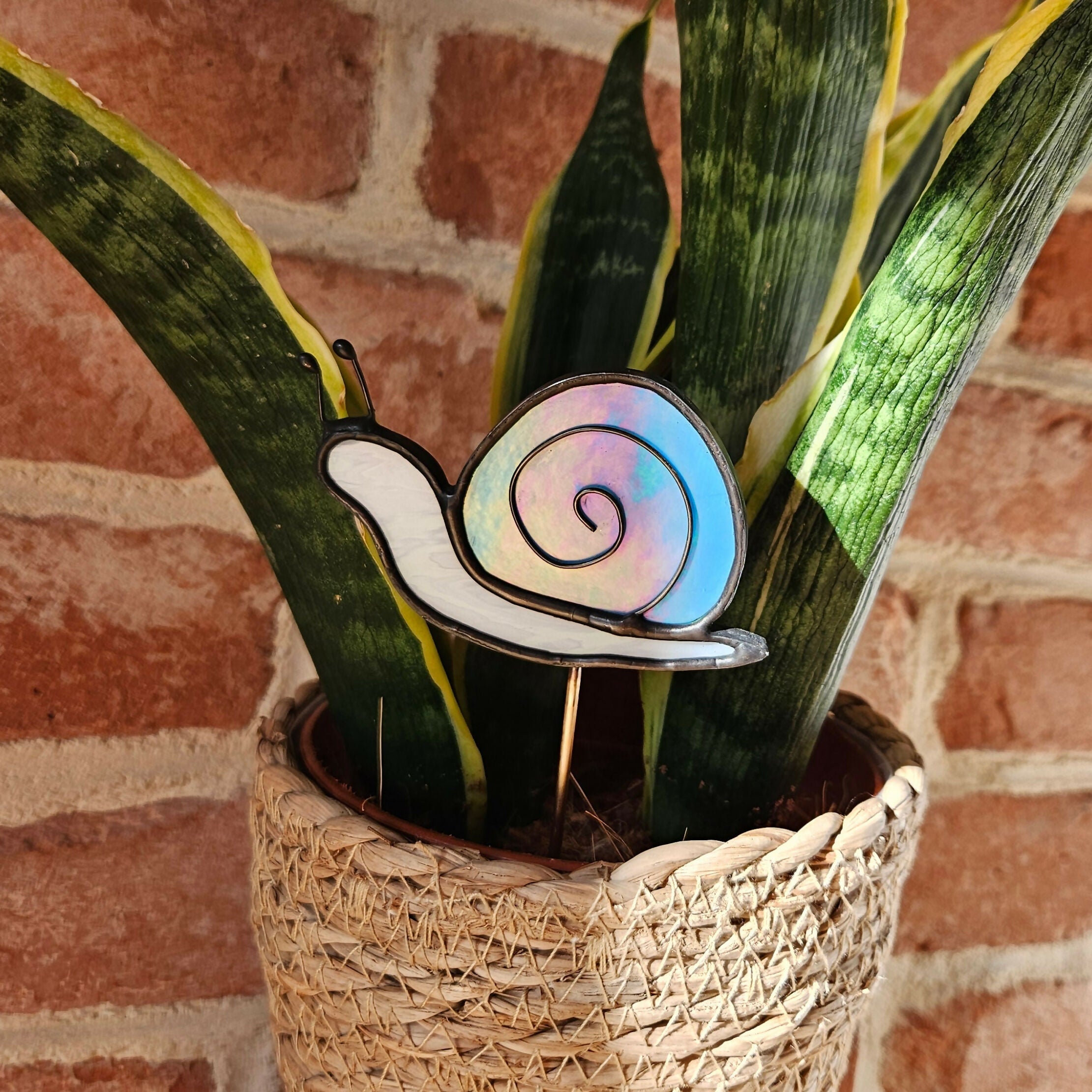 Iridescent Blue Snail Stained Glass Plantstake