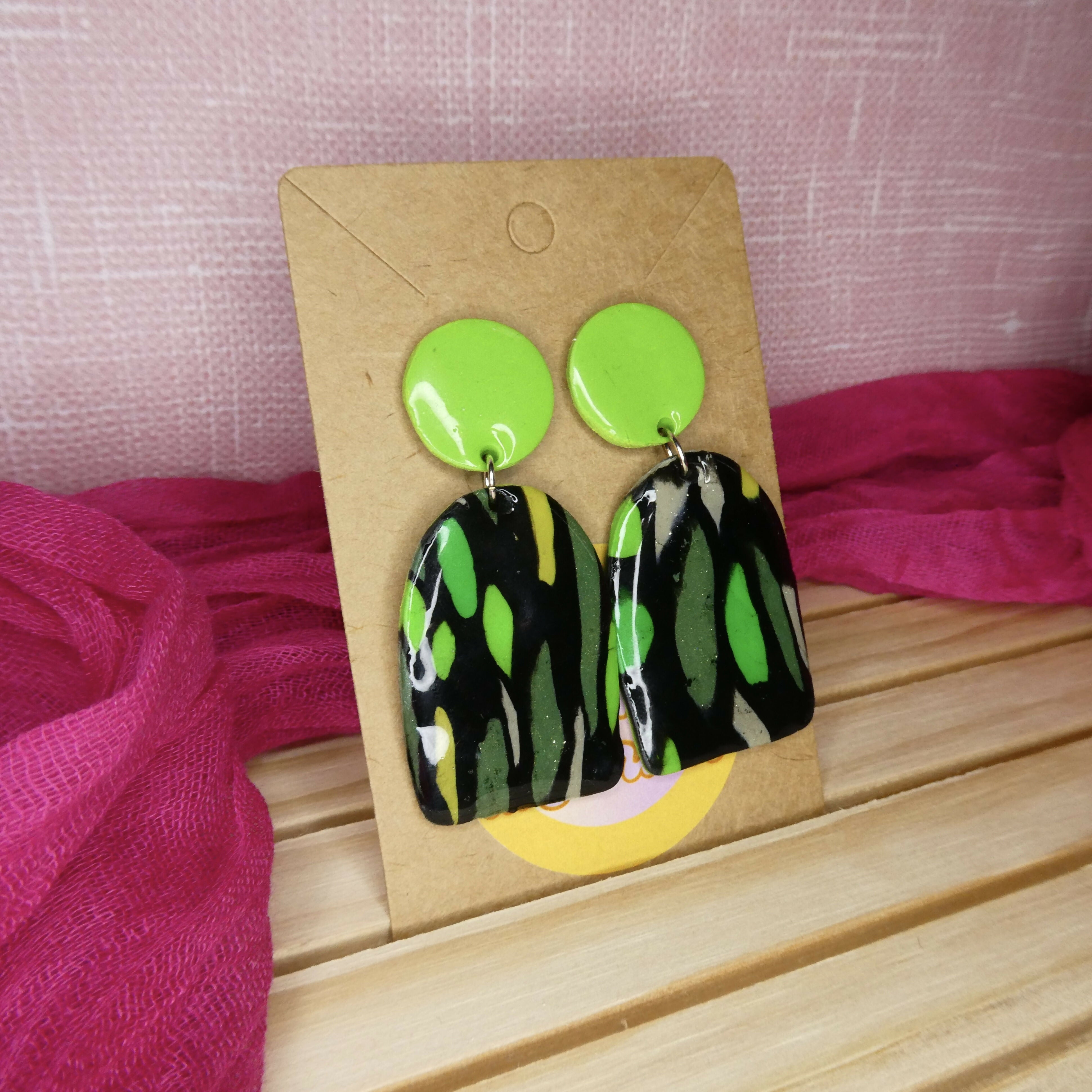 Green And Black Abstract Polymer Clay Earrings